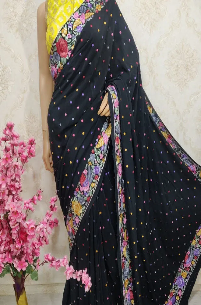Black Hand Embroidered Parsi Gara Pure Crepe Saree