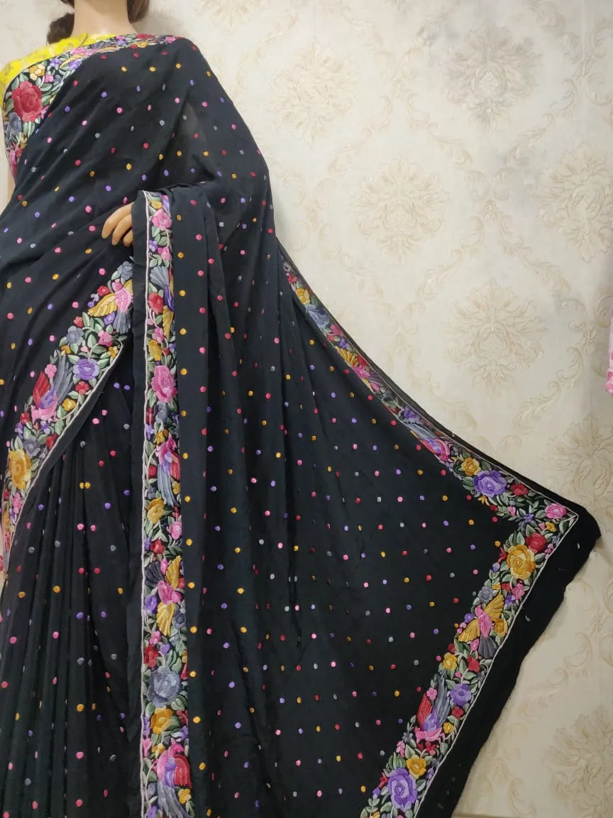 Black Hand Embroidered Parsi Gara Pure Crepe Saree