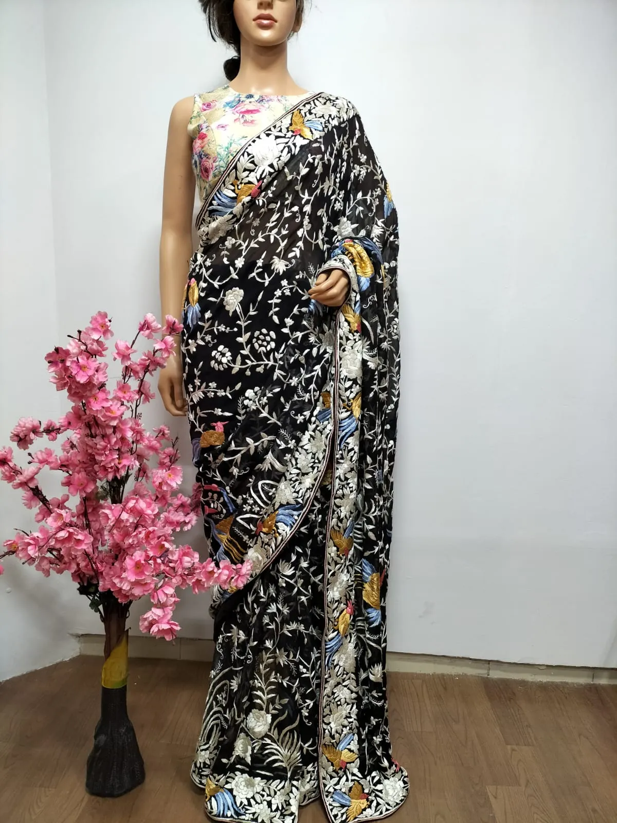 Black Hand Embroidered Parsi Gara Pure Georgette Floral And Bird Design Saree