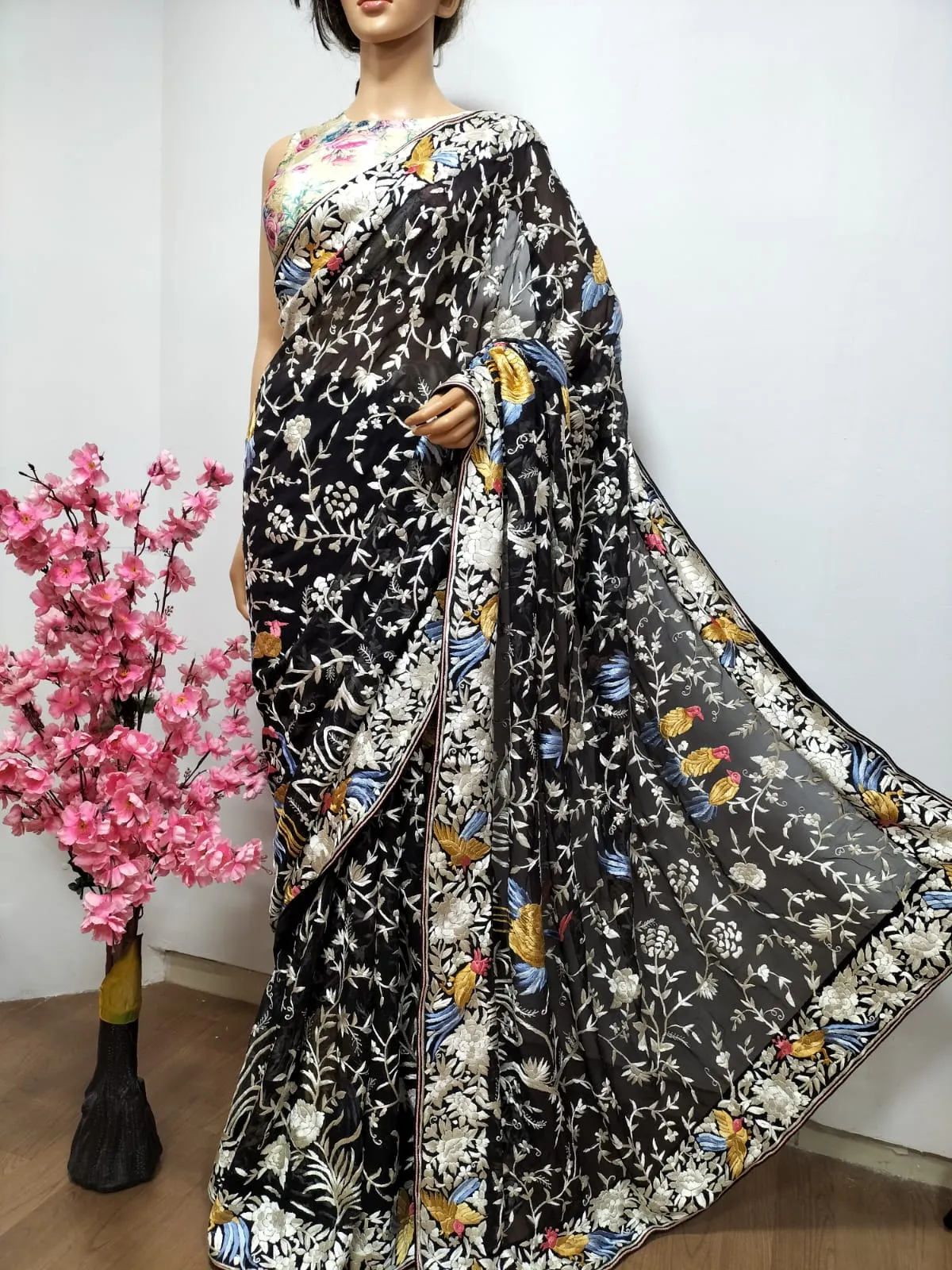 Black Hand Embroidered Parsi Gara Pure Georgette Floral And Bird Design Saree