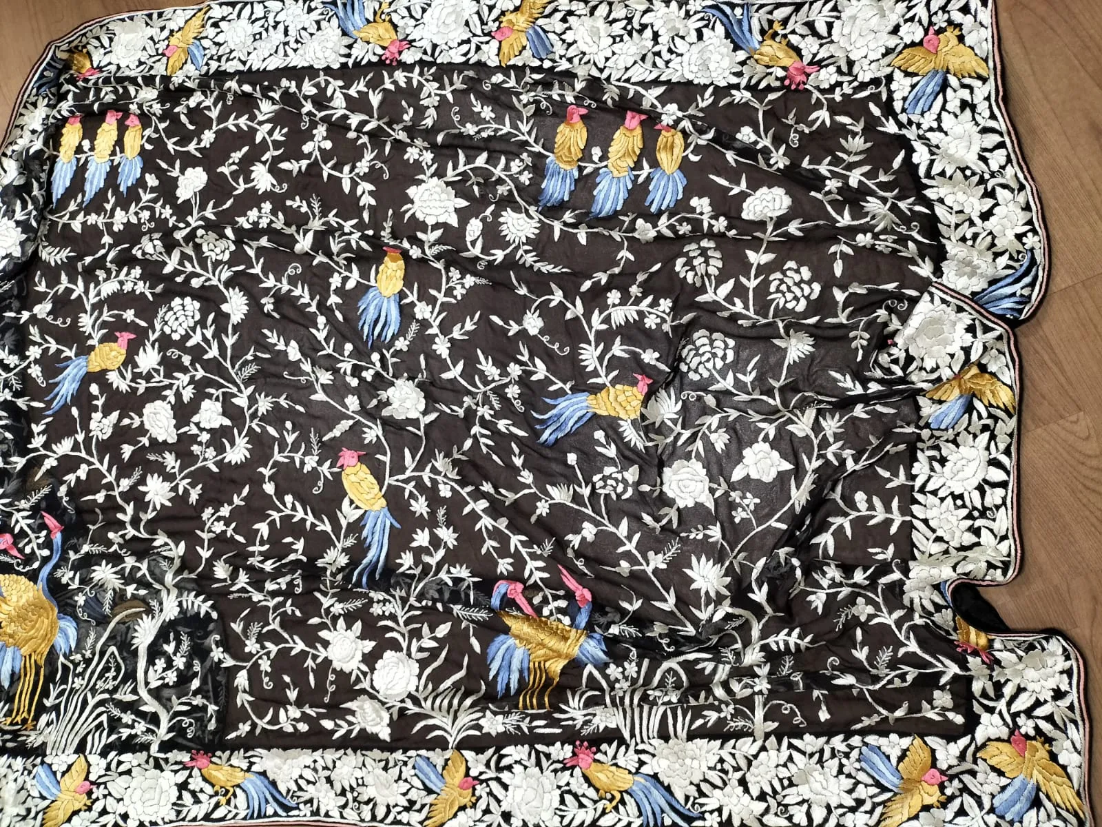 Black Hand Embroidered Parsi Gara Pure Georgette Floral And Bird Design Saree
