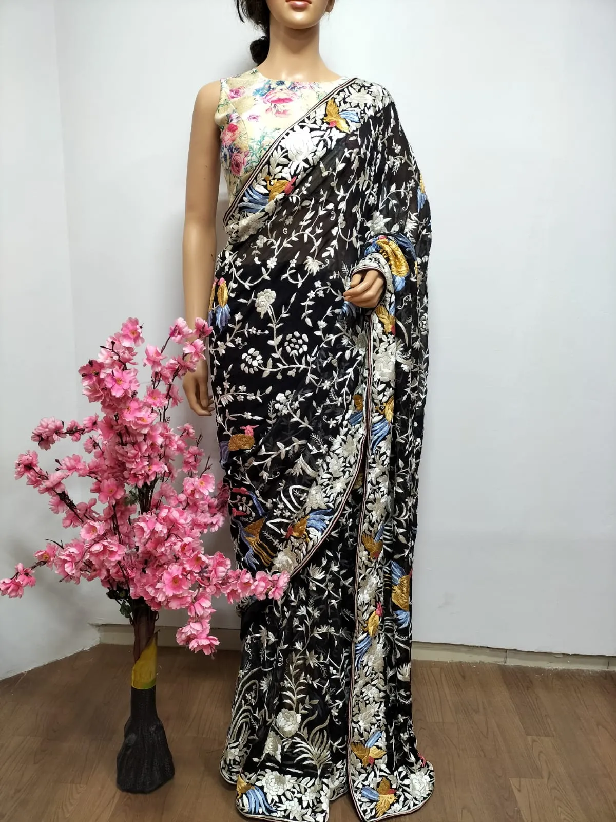 Black Hand Embroidered Parsi Gara Pure Georgette Floral And Bird Design Saree