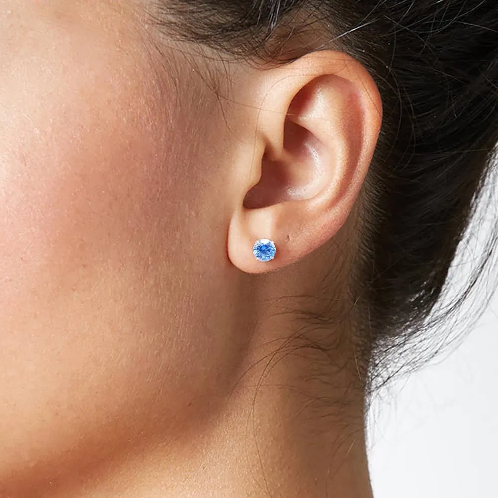 Blue Cubic Zirconia Stud Earrings for Women, 4 mm Sterling Silver Jewelry