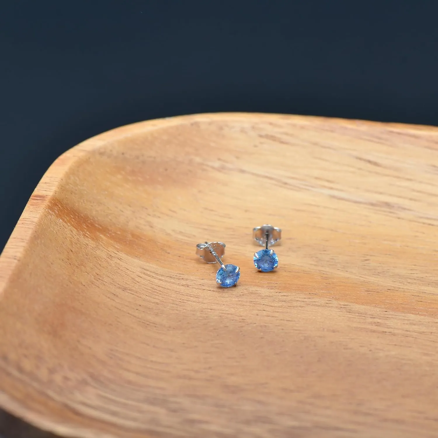 Blue Cubic Zirconia Stud Earrings for Women, 4 mm Sterling Silver Jewelry