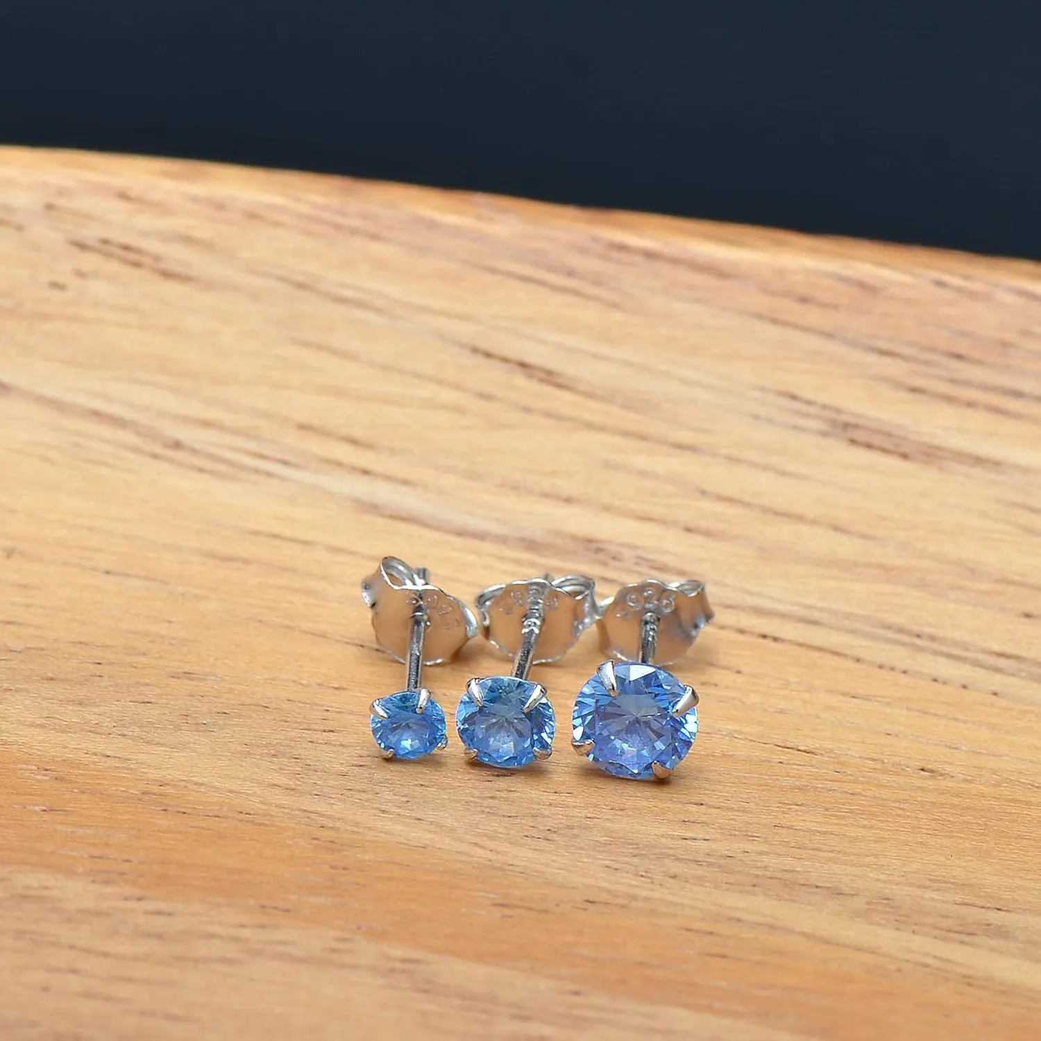Blue Cubic Zirconia Stud Earrings for Women, 4 mm Sterling Silver Jewelry
