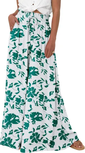 BTFBM Women Casual High Waist Wide Leg Pants Summer Floral Solid Long Palazzo Pants Lounge Beach Trousers with Pocket