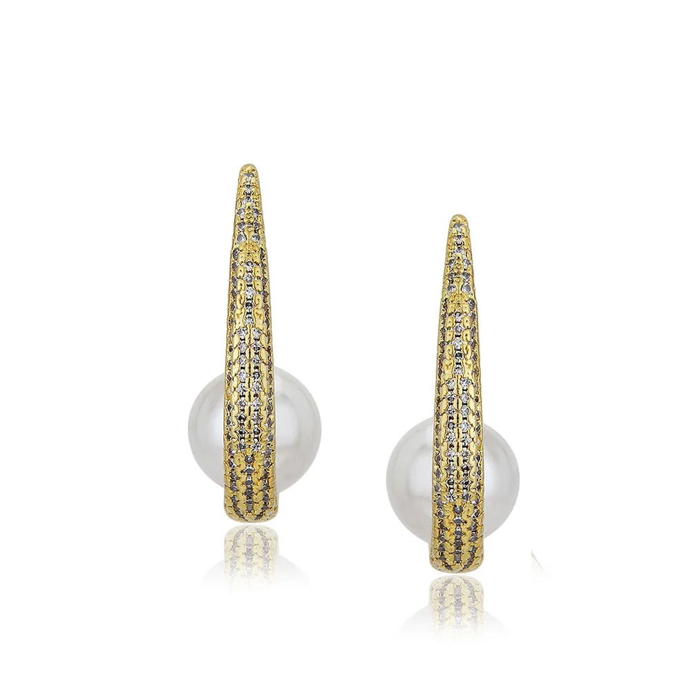 Carlton London Premium Jwlry-Gold & White Toned Pearls Studded Gold-Plated Teardrop Shaped Handcrafted Half Hoop Earrings Fje4148