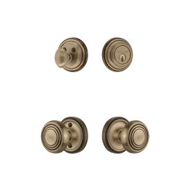 Classic Rosette Entry Set with Deco Knob in Antique Brass