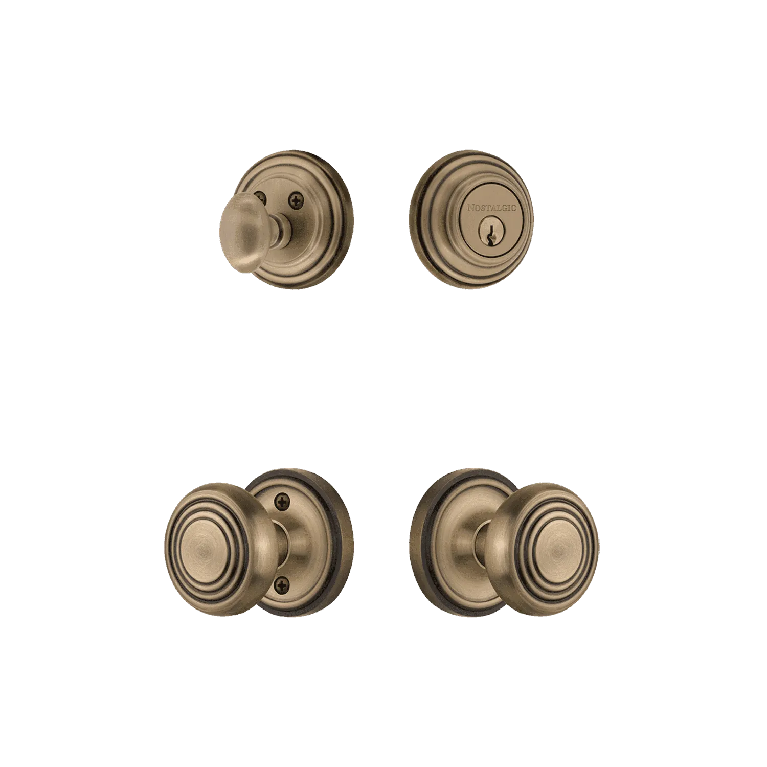 Classic Rosette Entry Set with Deco Knob in Antique Brass