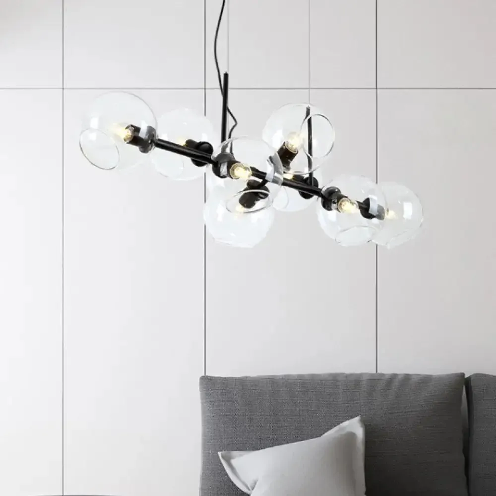 Clear/Smoke Glass 8 Bulbs Suspended Lighting Fixture in Black/Gold for Dining Room