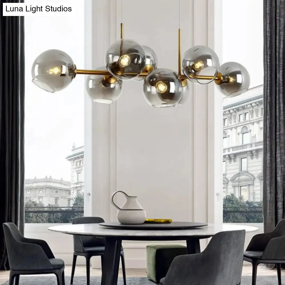 Clear/Smoke Glass 8 Bulbs Suspended Lighting Fixture in Black/Gold for Dining Room