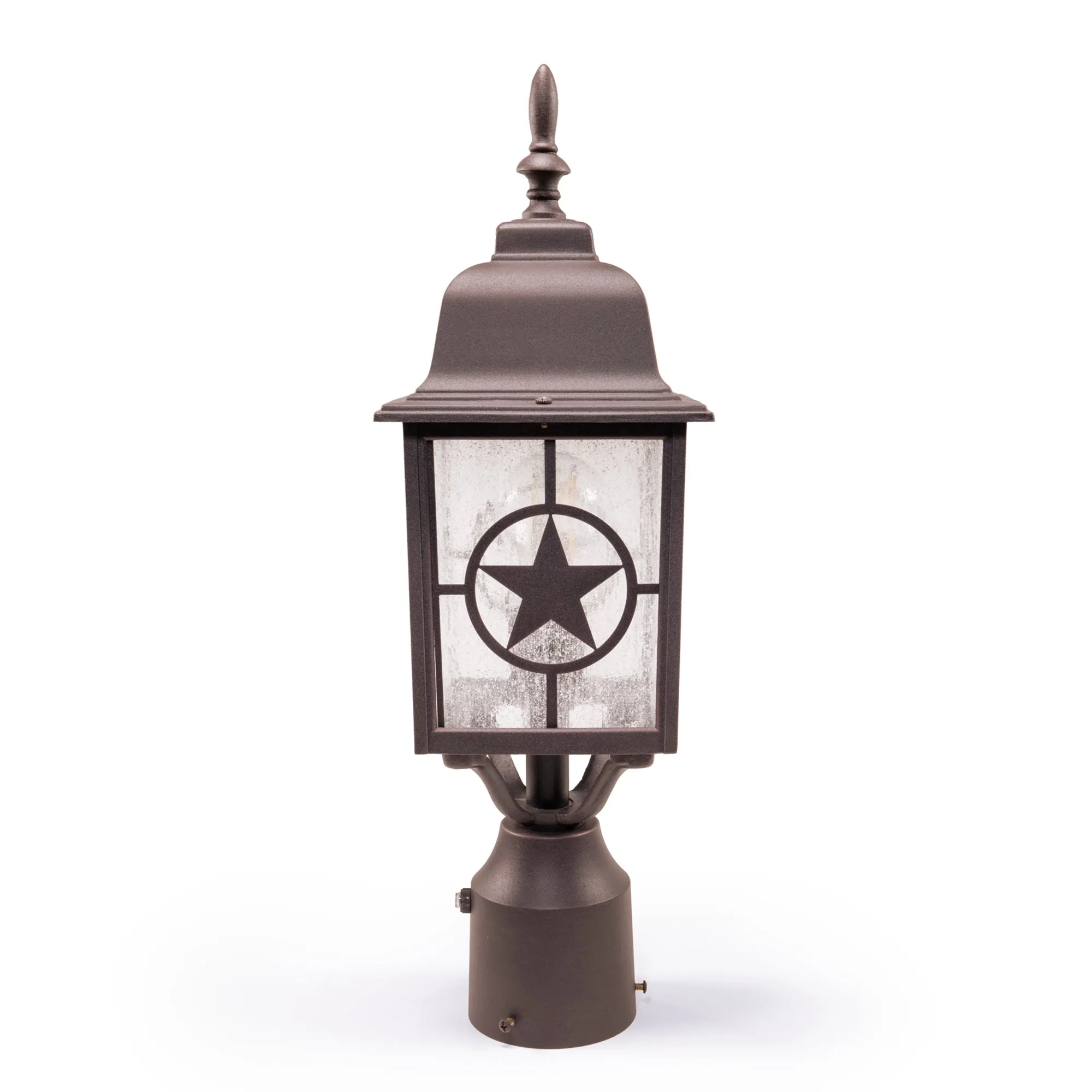 Country Star Dusk to Dawn Farmhouse Post Light, E26 Standard Socket, Wet Location, Seedy Glass, Black and Rust Finish