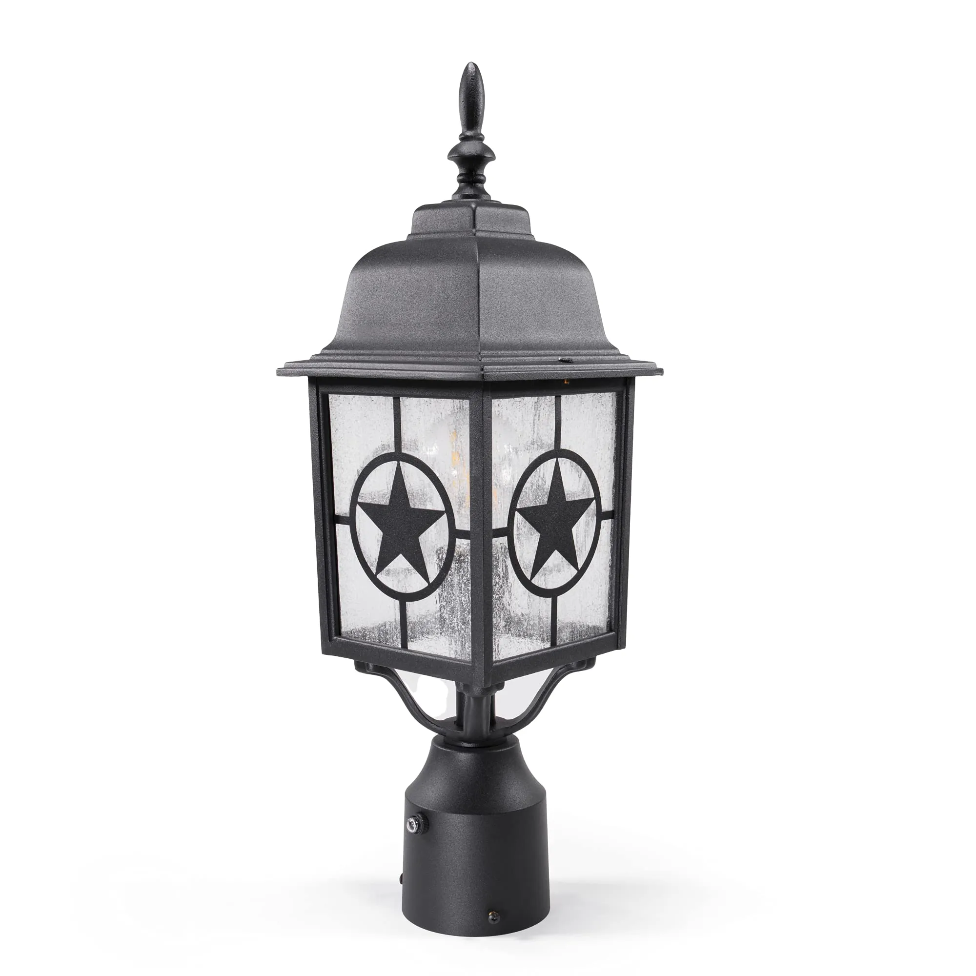 Country Star Dusk to Dawn Farmhouse Post Light, E26 Standard Socket, Wet Location, Seedy Glass, Black and Rust Finish