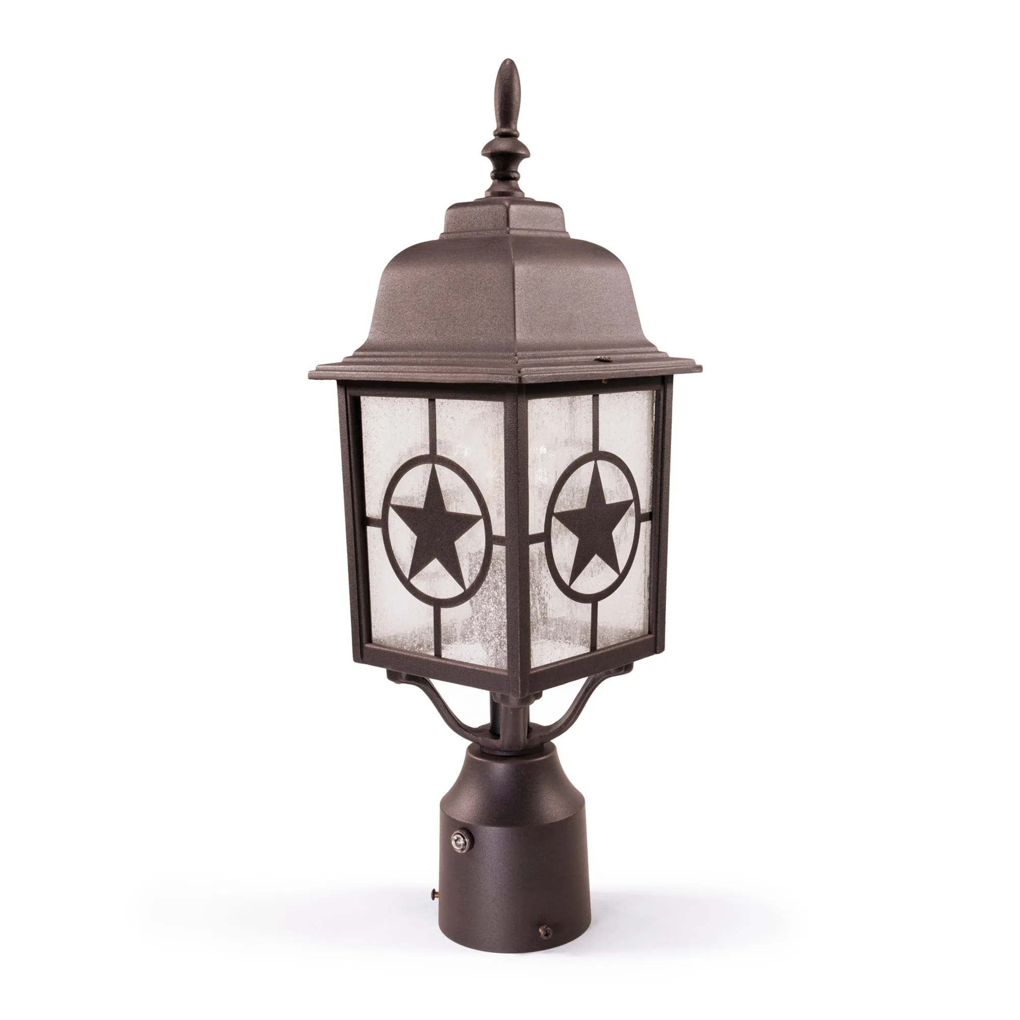 Country Star Dusk to Dawn Farmhouse Post Light, E26 Standard Socket, Wet Location, Seedy Glass, Black and Rust Finish