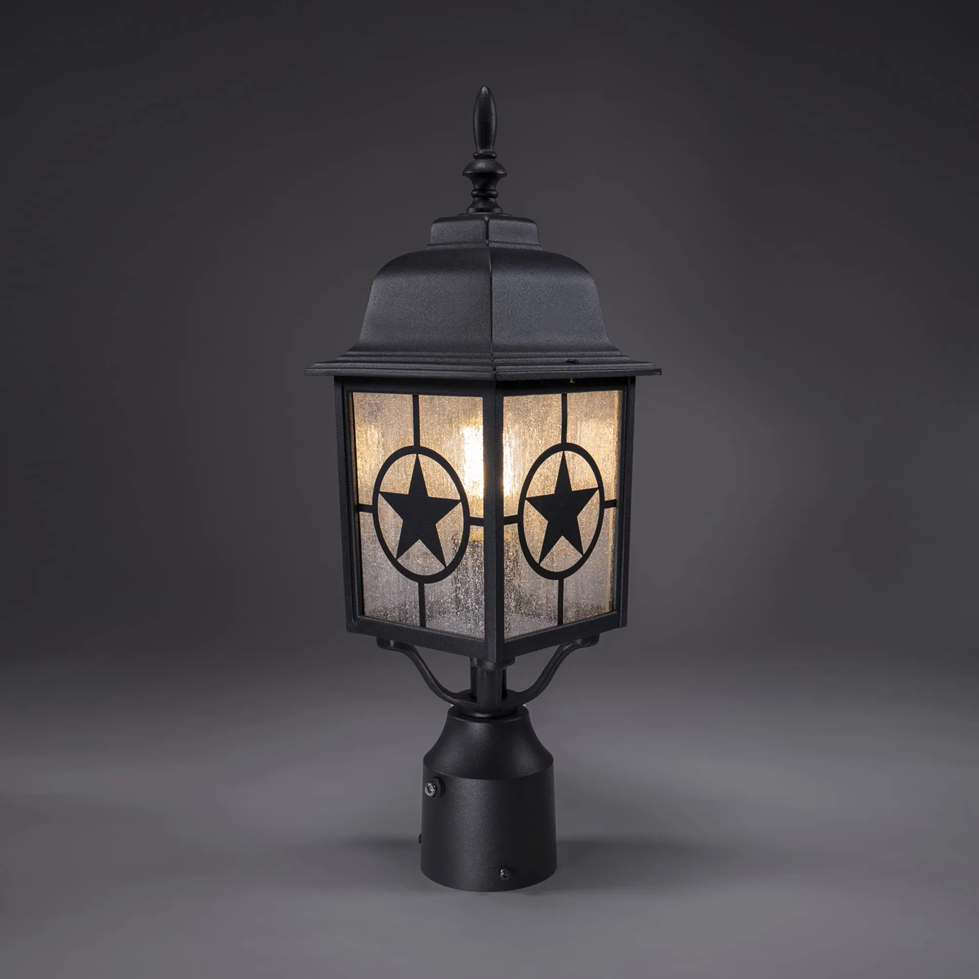 Country Star Dusk to Dawn Farmhouse Post Light, E26 Standard Socket, Wet Location, Seedy Glass, Black and Rust Finish