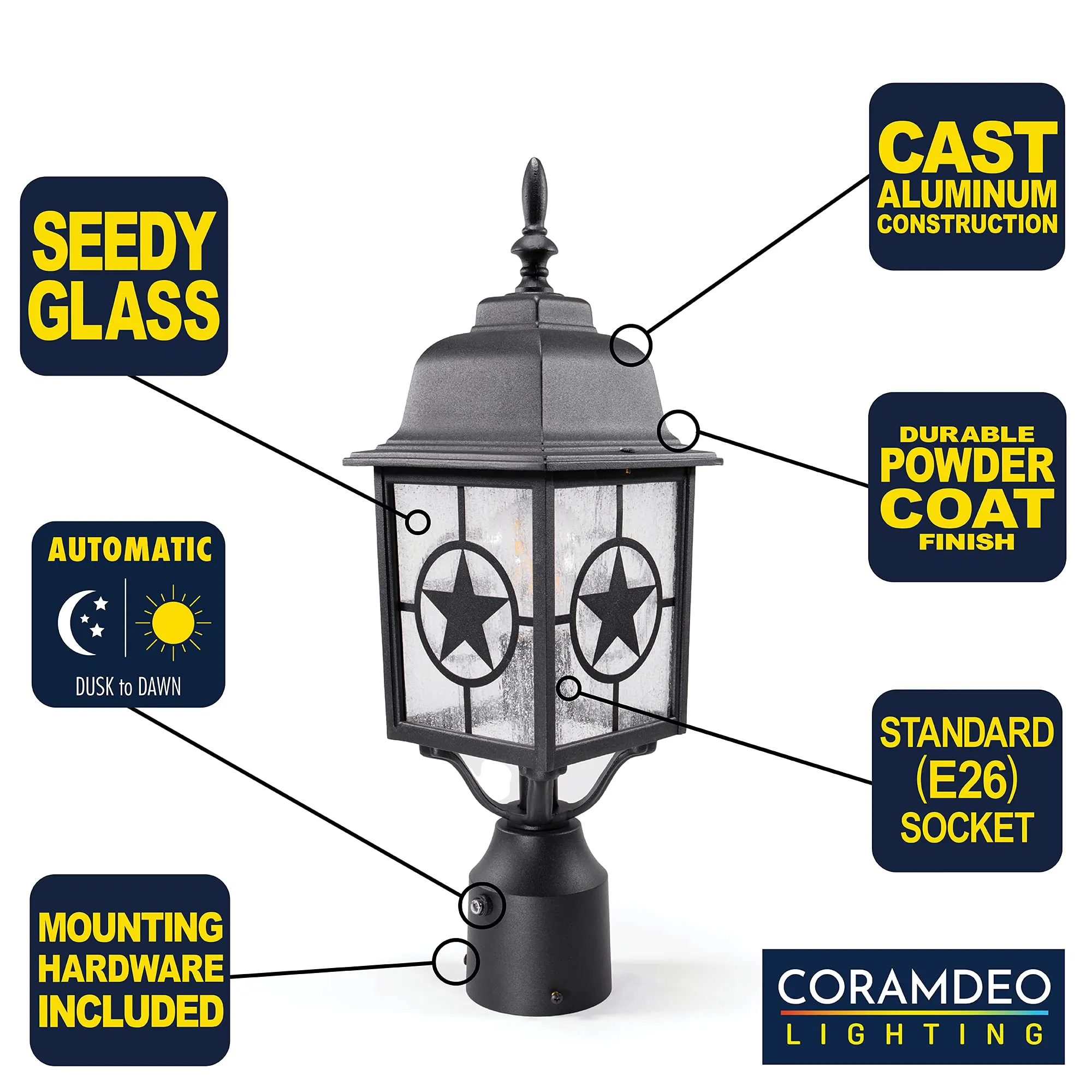 Country Star Dusk to Dawn Farmhouse Post Light, E26 Standard Socket, Wet Location, Seedy Glass, Black and Rust Finish