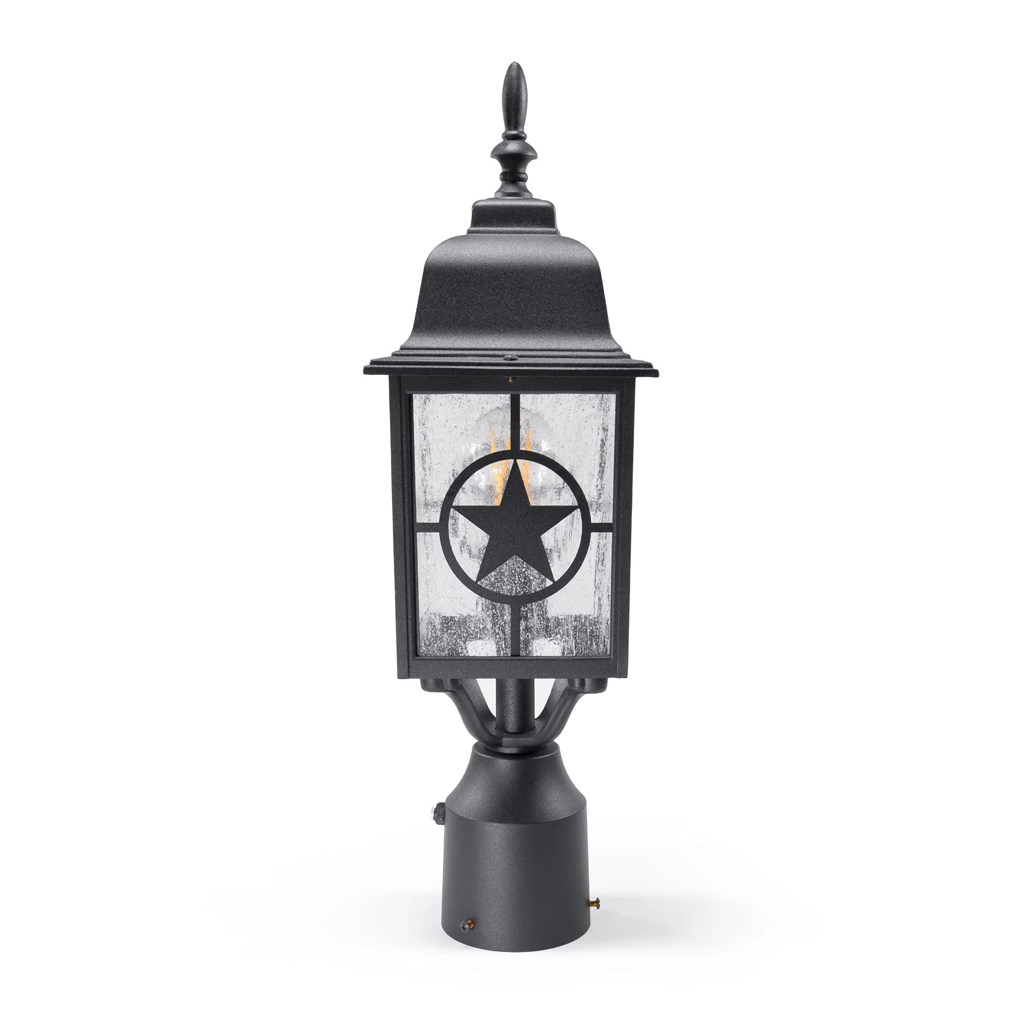Country Star Dusk to Dawn Farmhouse Post Light, E26 Standard Socket, Wet Location, Seedy Glass, Black and Rust Finish