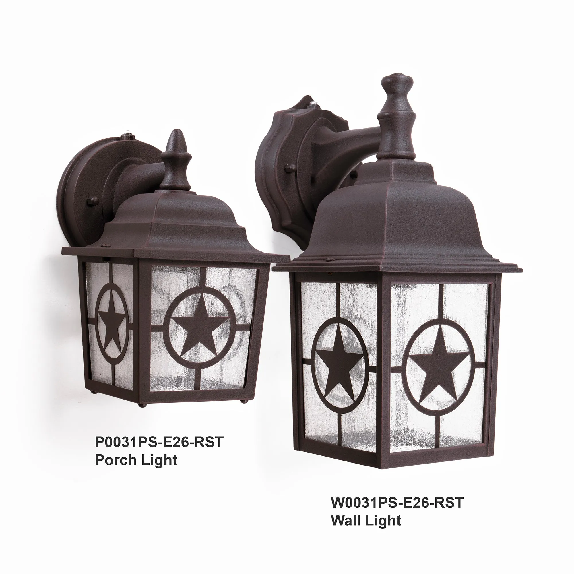 Country Star Dusk to Dawn Farmhouse Wall Light, E26 Standard Socket, Wet Location, Seedy Glass, Black and Rust Finish