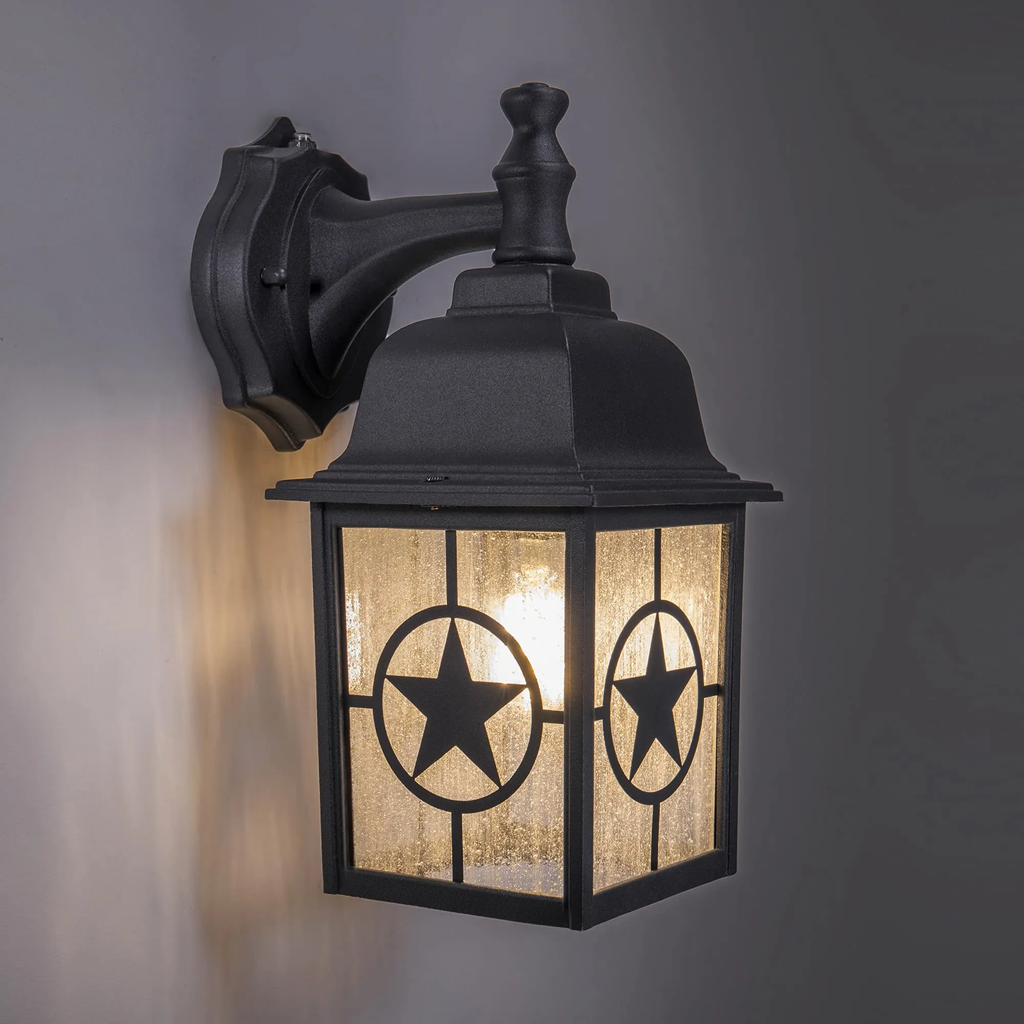 Country Star Dusk to Dawn Farmhouse Wall Light, E26 Standard Socket, Wet Location, Seedy Glass, Black and Rust Finish