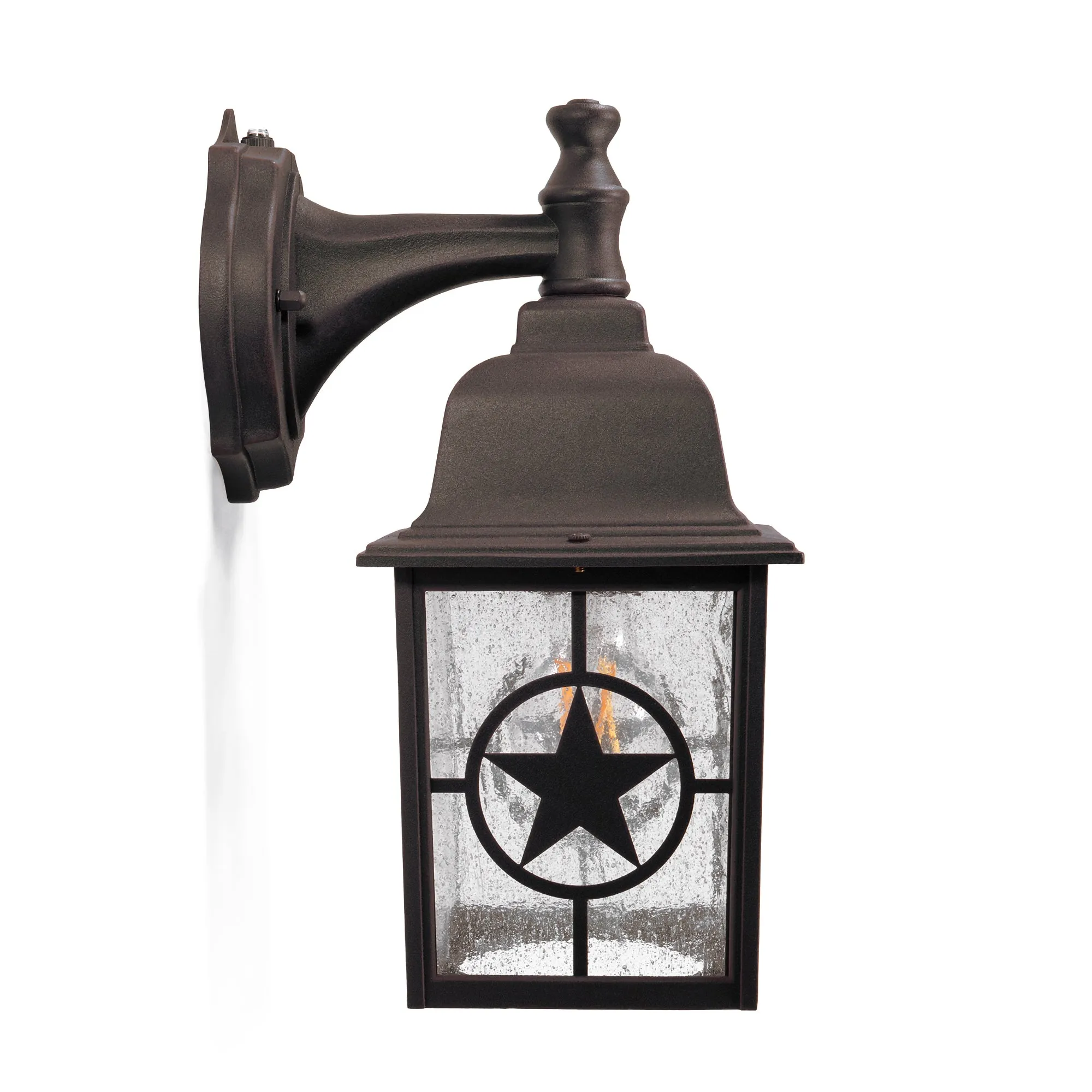 Country Star Dusk to Dawn Farmhouse Wall Light, E26 Standard Socket, Wet Location, Seedy Glass, Black and Rust Finish