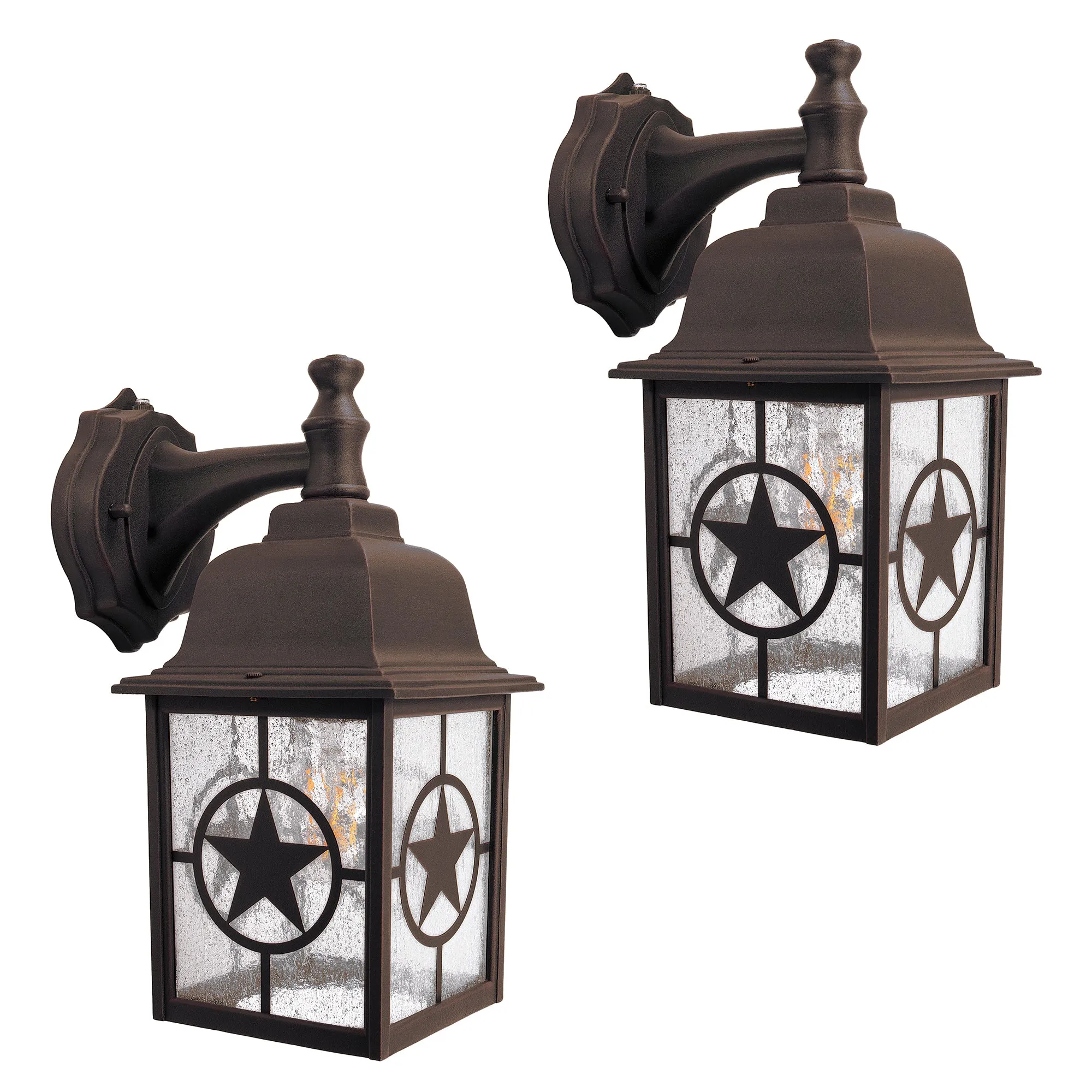 Country Star Dusk to Dawn Farmhouse Wall Light, E26 Standard Socket, Wet Location, Seedy Glass, Black and Rust Finish