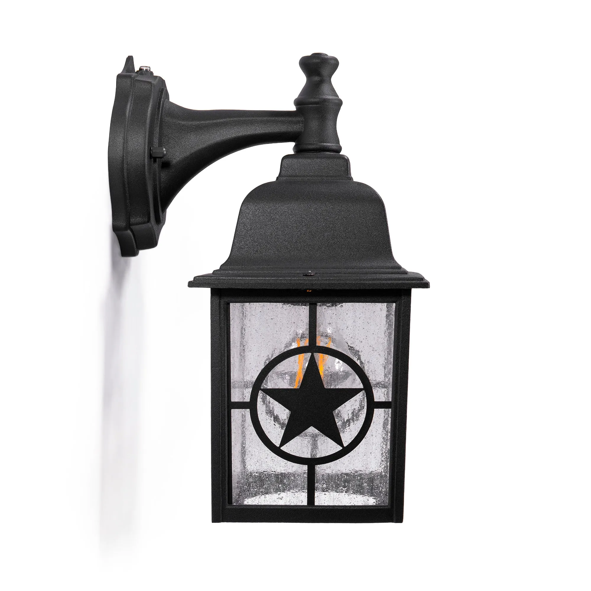 Country Star Dusk to Dawn Farmhouse Wall Light, E26 Standard Socket, Wet Location, Seedy Glass, Black and Rust Finish
