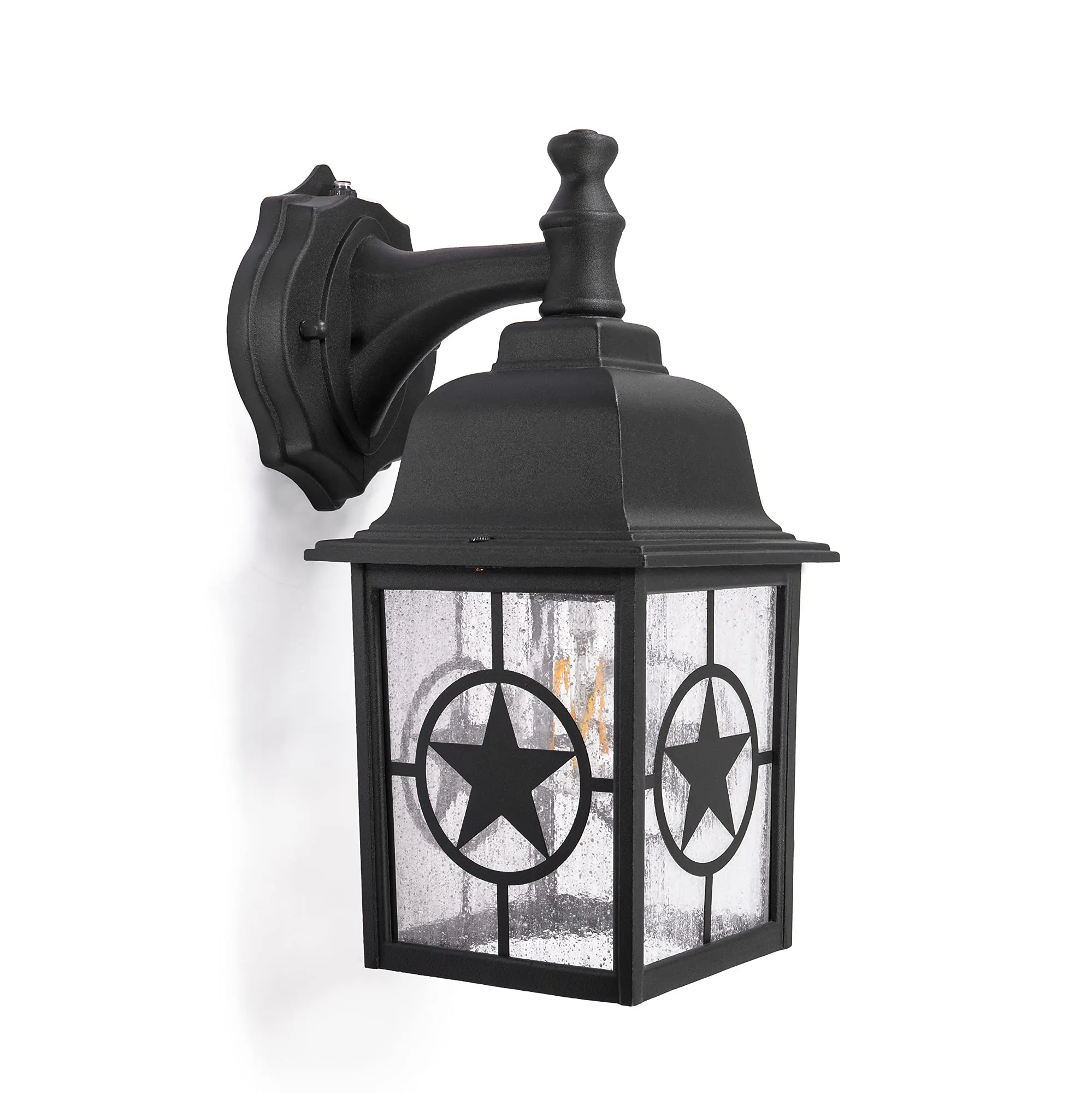 Country Star Dusk to Dawn Farmhouse Wall Light, E26 Standard Socket, Wet Location, Seedy Glass, Black and Rust Finish