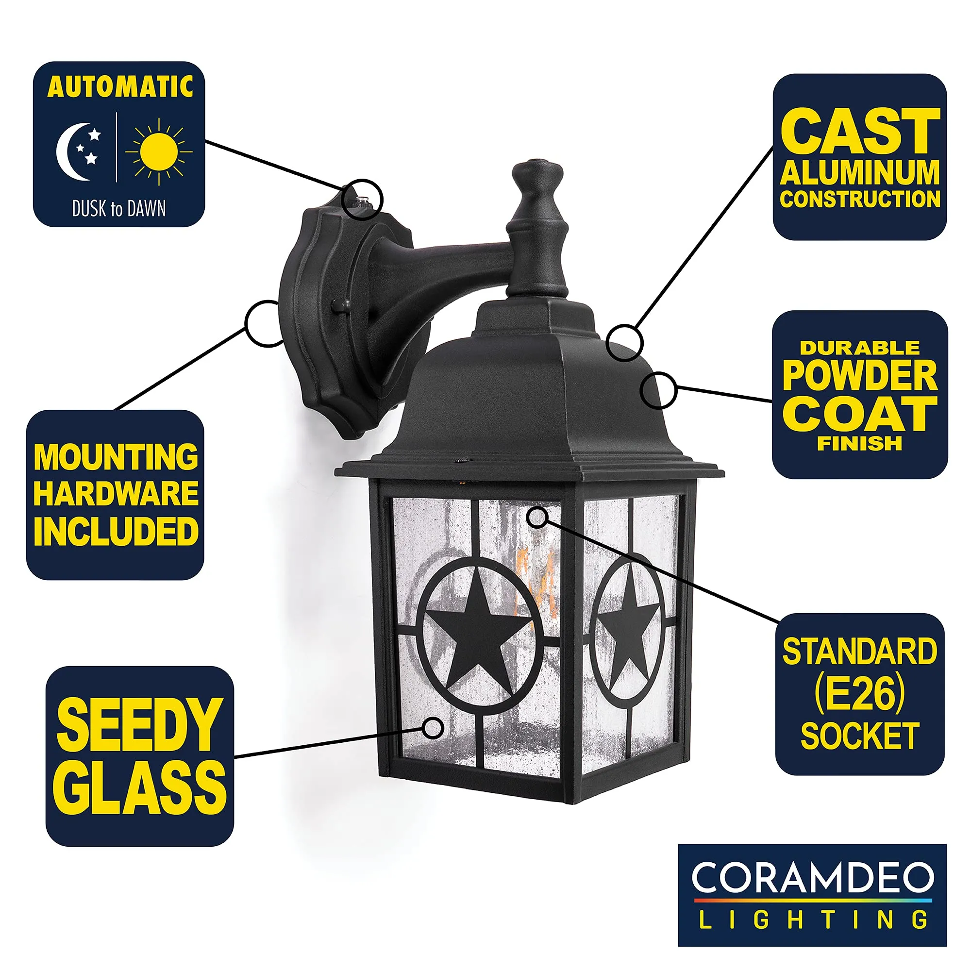 Country Star Dusk to Dawn Farmhouse Wall Light, E26 Standard Socket, Wet Location, Seedy Glass, Black and Rust Finish