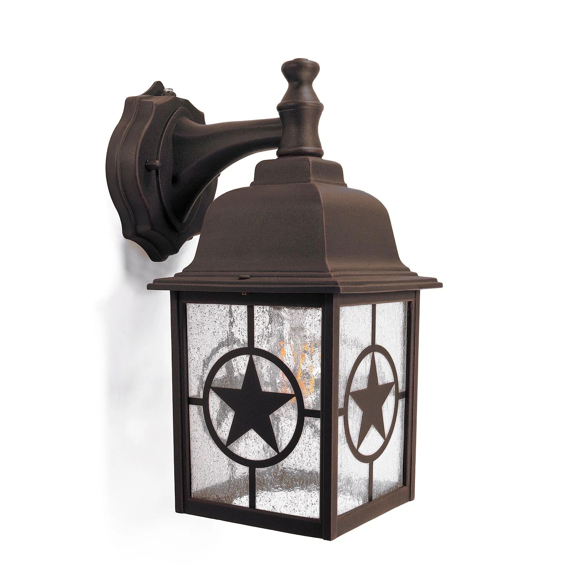 Country Star Dusk to Dawn Farmhouse Wall Light, E26 Standard Socket, Wet Location, Seedy Glass, Black and Rust Finish