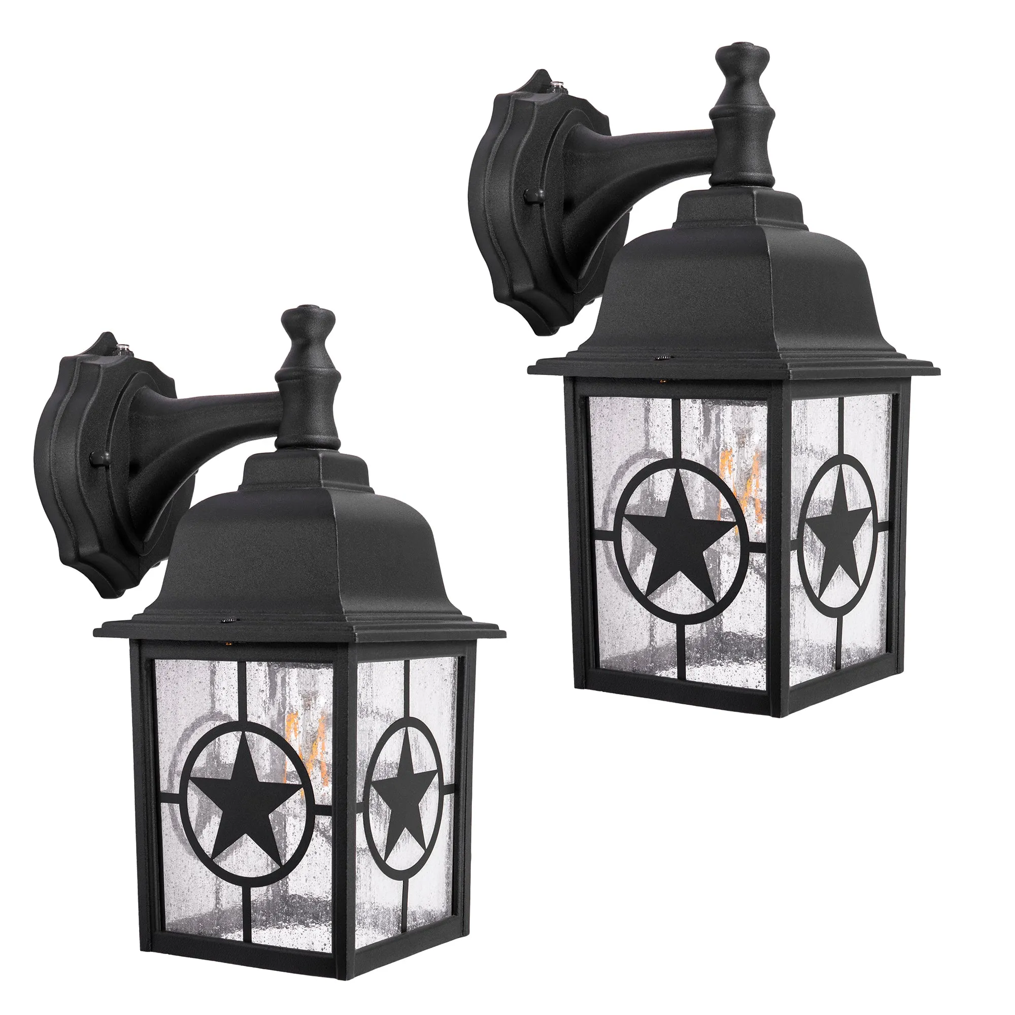 Country Star Dusk to Dawn Farmhouse Wall Light, E26 Standard Socket, Wet Location, Seedy Glass, Black and Rust Finish