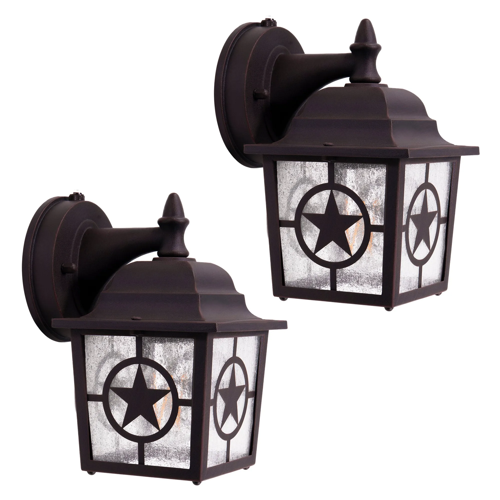 Country Star Outdoor Dusk to Dawn Farmhouse Porch Light, Seedy Glass, Black and Rust Finish