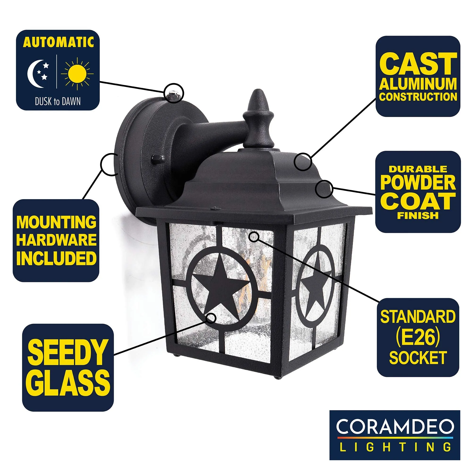 Country Star Outdoor Dusk to Dawn Farmhouse Porch Light, Seedy Glass, Black and Rust Finish