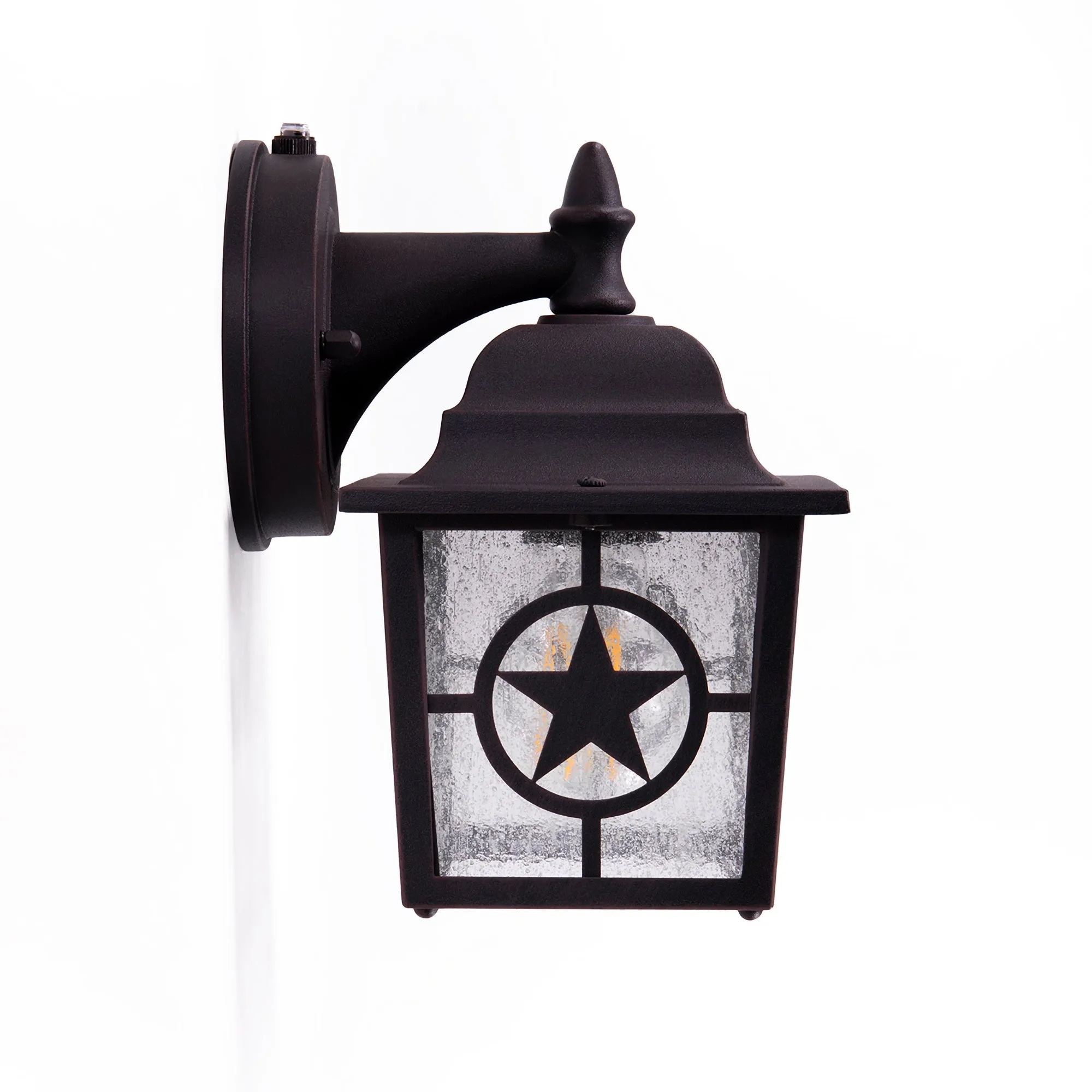 Country Star Outdoor Dusk to Dawn Farmhouse Porch Light, Seedy Glass, Black and Rust Finish