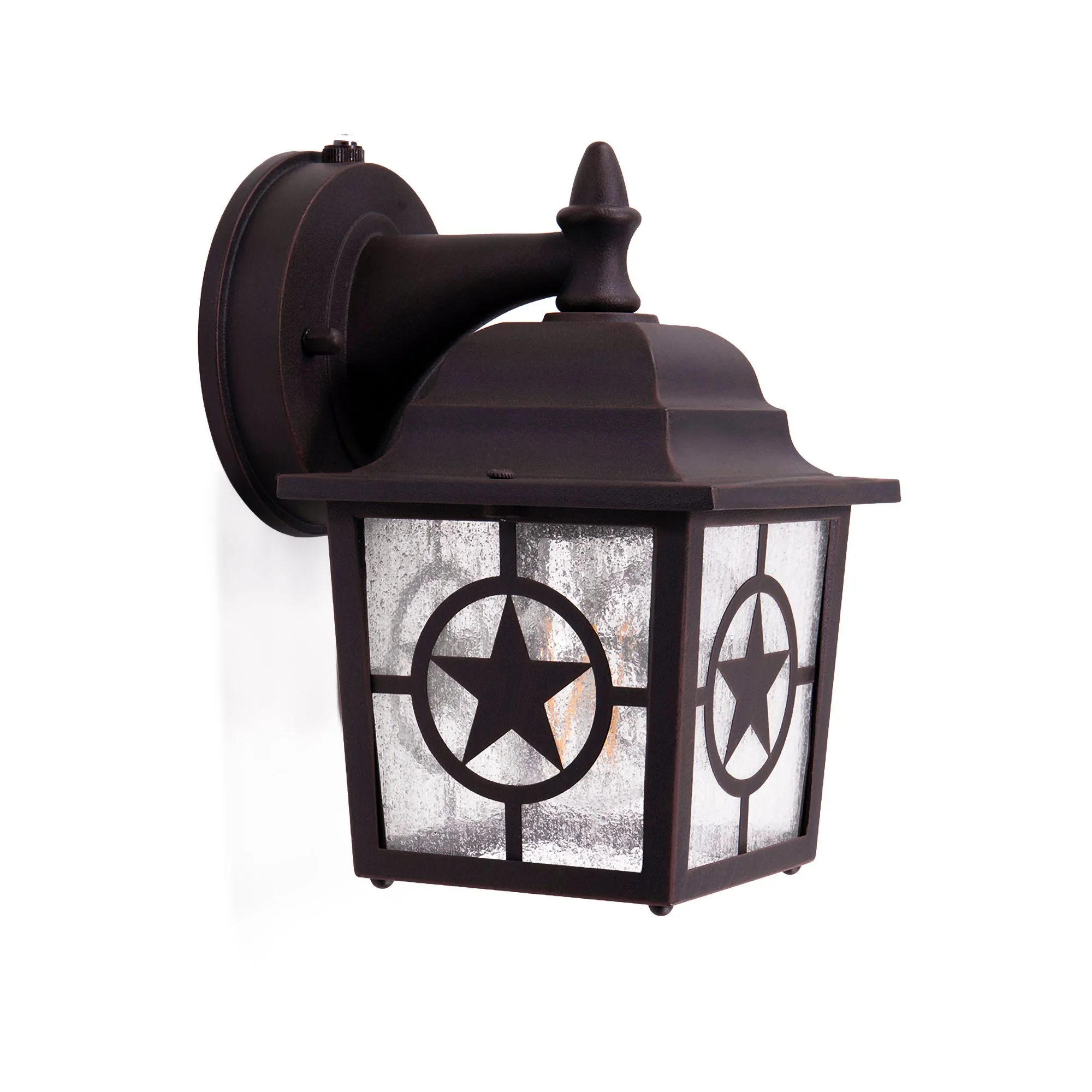 Country Star Outdoor Dusk to Dawn Farmhouse Porch Light, Seedy Glass, Black and Rust Finish