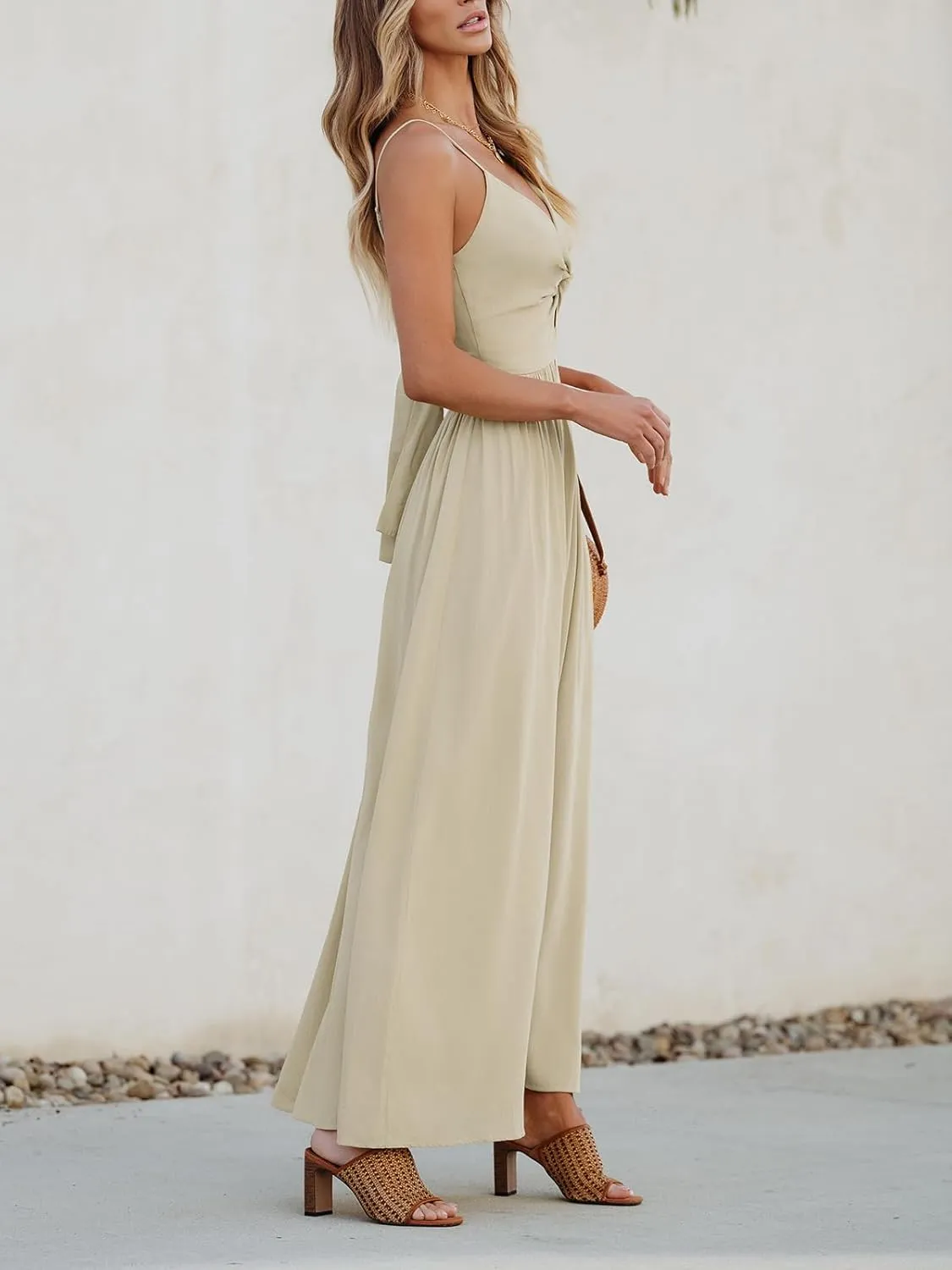 CUPSHE Women Casual Dress Beach Sleeveless V Neck Summer Cutout Spaghetti Straps Formal Maxi Sun Dresses