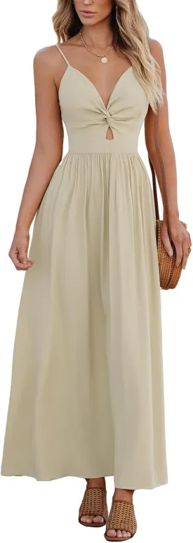 CUPSHE Women Casual Dress Beach Sleeveless V Neck Summer Cutout Spaghetti Straps Formal Maxi Sun Dresses
