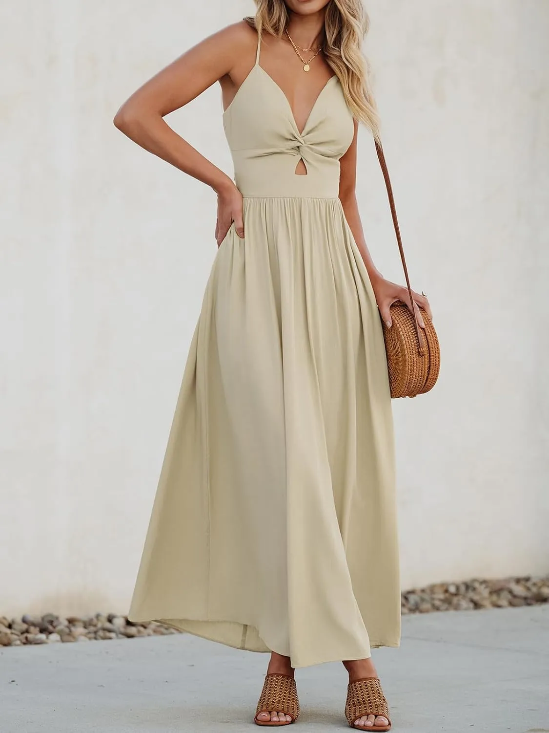 CUPSHE Women Casual Dress Beach Sleeveless V Neck Summer Cutout Spaghetti Straps Formal Maxi Sun Dresses