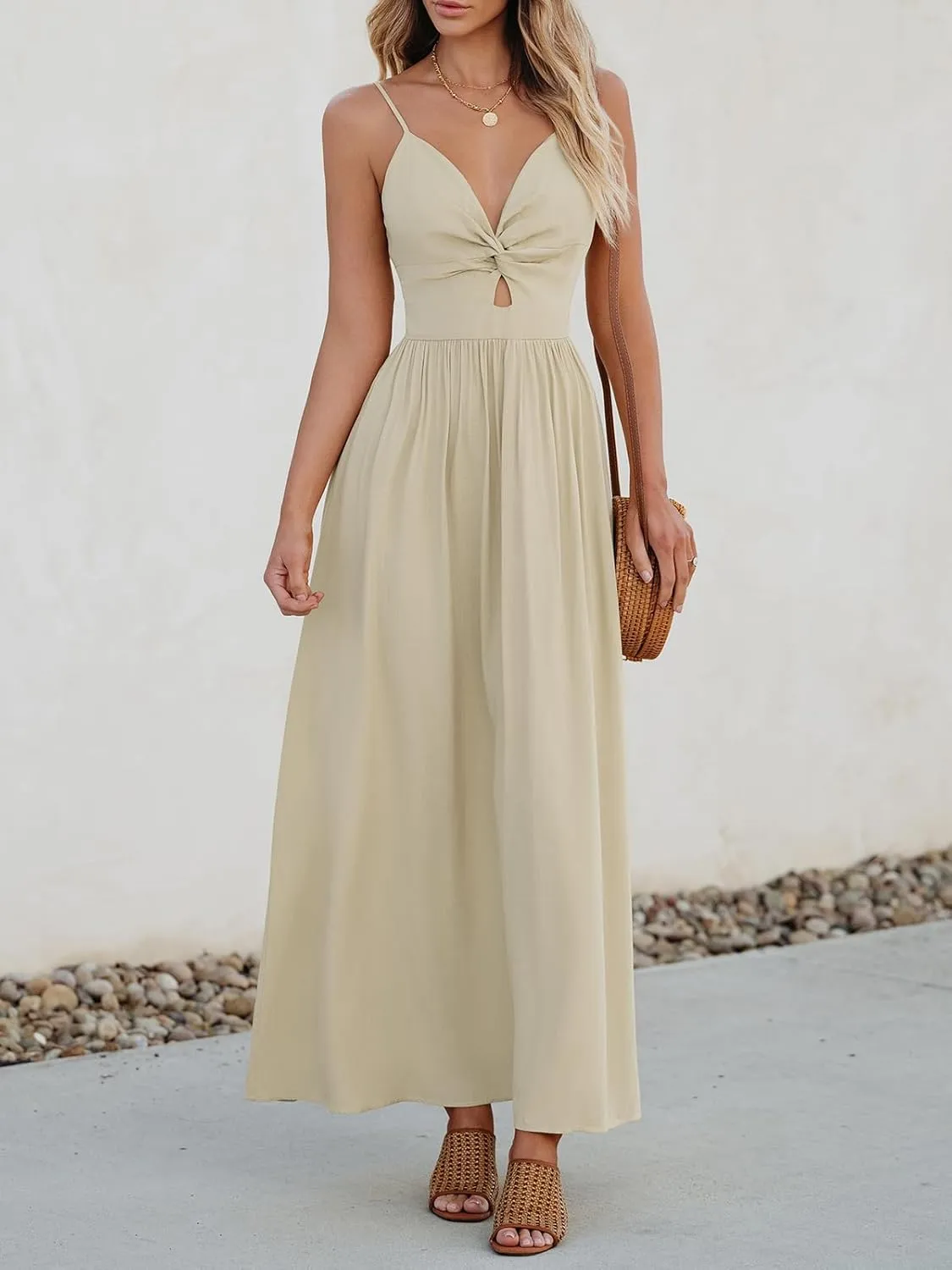 CUPSHE Women Casual Dress Beach Sleeveless V Neck Summer Cutout Spaghetti Straps Formal Maxi Sun Dresses