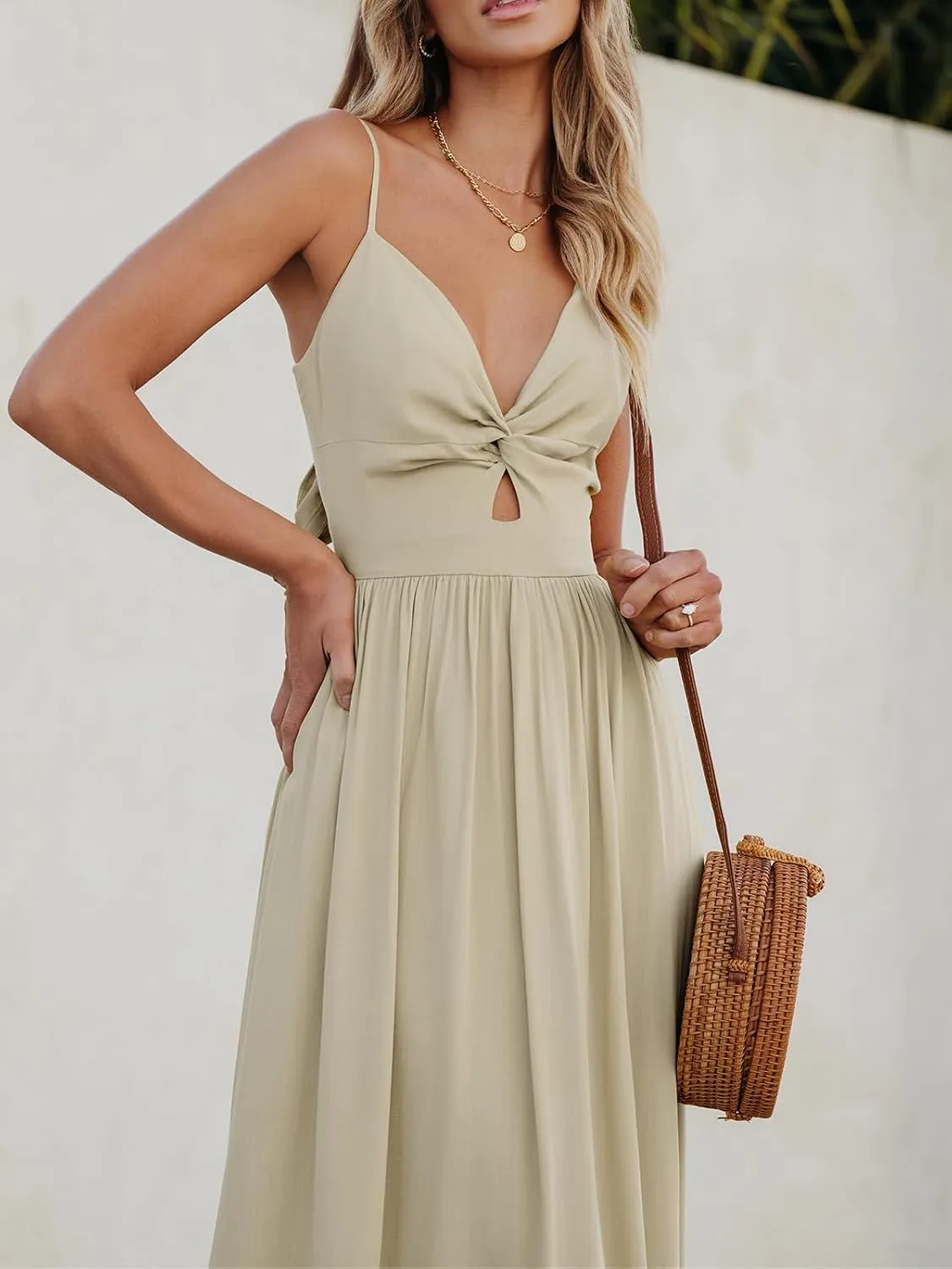 CUPSHE Women Casual Dress Beach Sleeveless V Neck Summer Cutout Spaghetti Straps Formal Maxi Sun Dresses