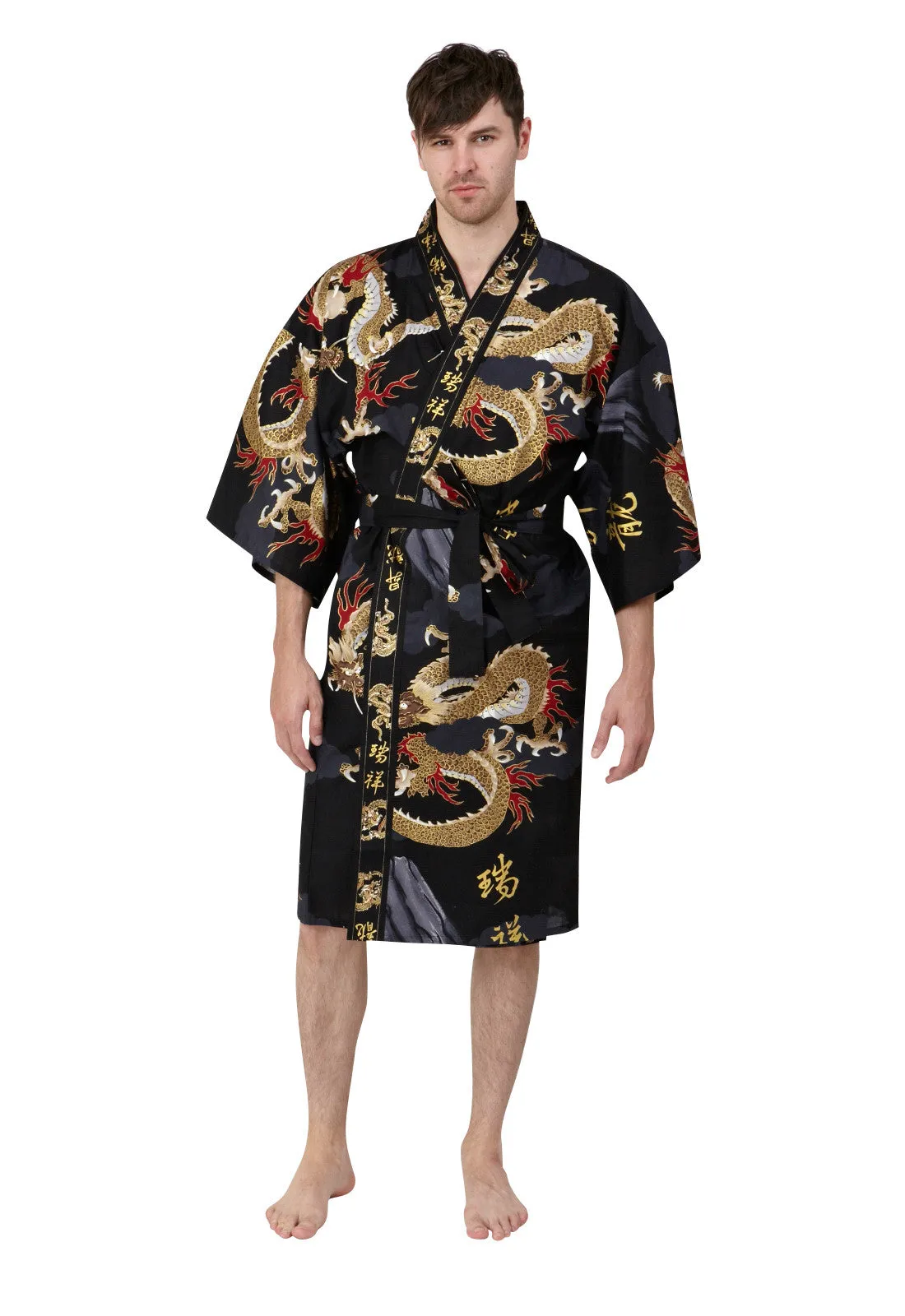 Dragon & Mt Fuji Short Cotton Kimono Black