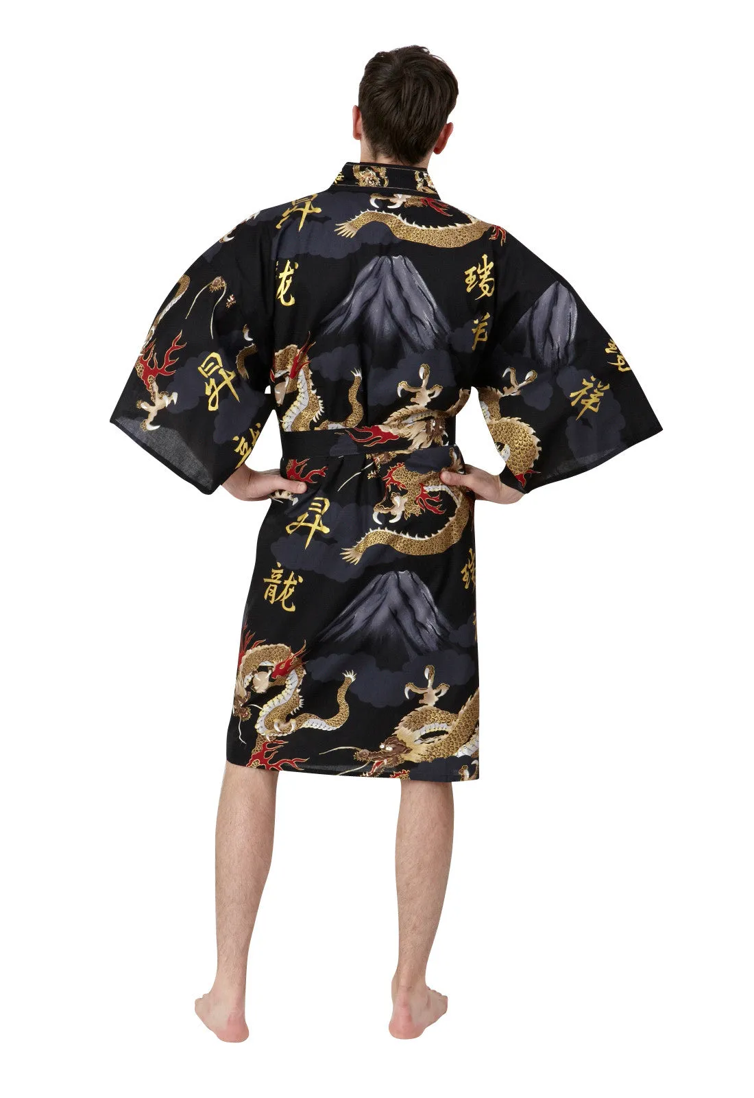 Dragon & Mt Fuji Short Cotton Kimono Black