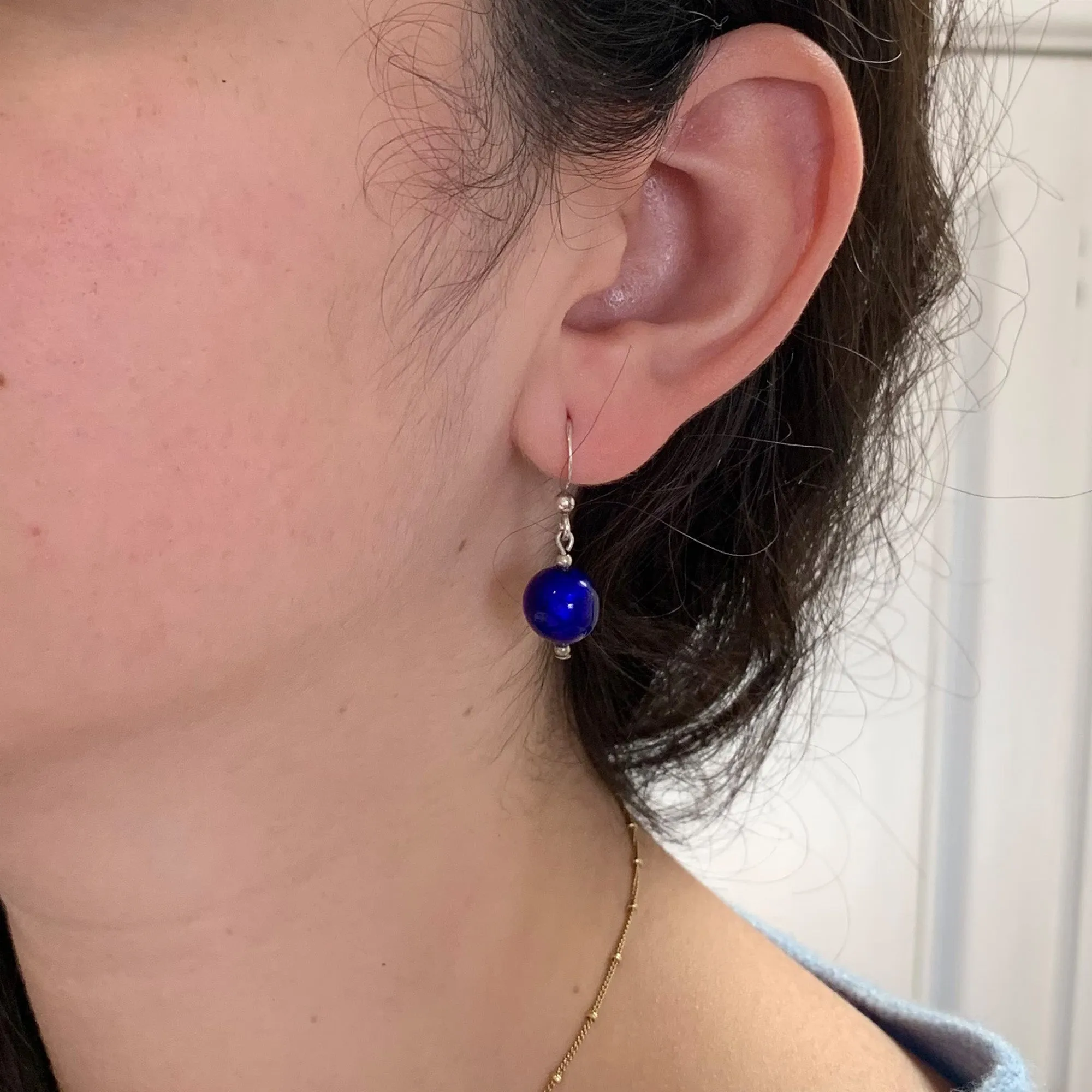 Earrings with dark blue (cobalt) Murano glass mini sphere drops on silver or gold hooks