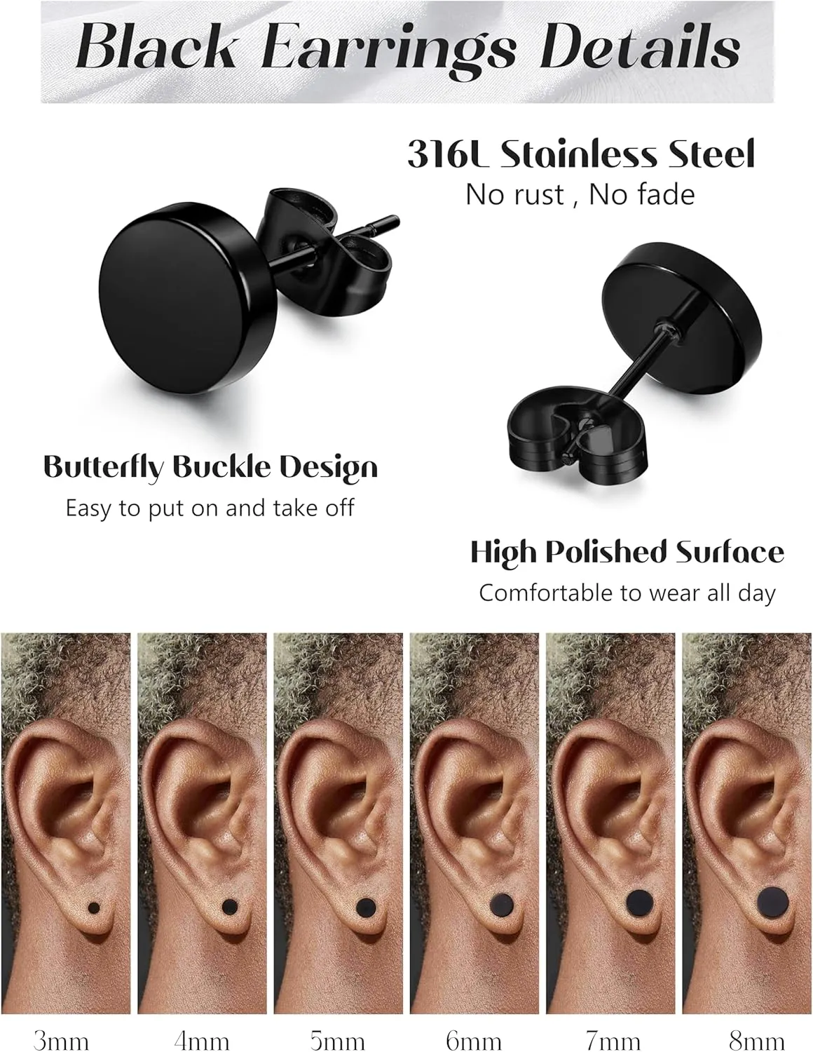 FIBO STEEL Black Stud Earrings for Men Women Stainless Steel Mens Earrings Hypoallergenic Round CZ Square Black Earring Studs Set 6 Pairs 3mm-8mm