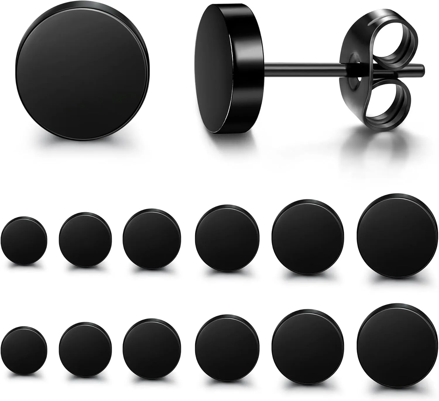 FIBO STEEL Black Stud Earrings for Men Women Stainless Steel Mens Earrings Hypoallergenic Round CZ Square Black Earring Studs Set 6 Pairs 3mm-8mm