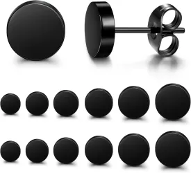 FIBO STEEL Black Stud Earrings for Men Women Stainless Steel Mens Earrings Hypoallergenic Round CZ Square Black Earring Studs Set 6 Pairs 3mm-8mm