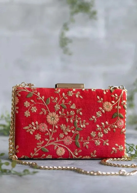 Floral Creeper Box Clutch - Red - AM-BC-1220-0001