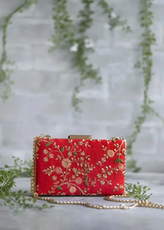 Floral Creeper Box Clutch - Red - AM-BC-1220-0001