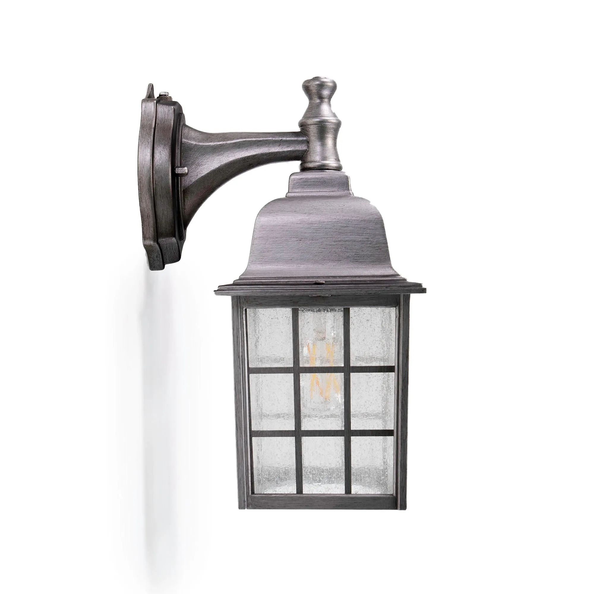 French Pane Dusk to Dawn Wall Light, E26 Standard Socket, Wet Location, Seedy Glass, Black, Smoked Steel or White Finish