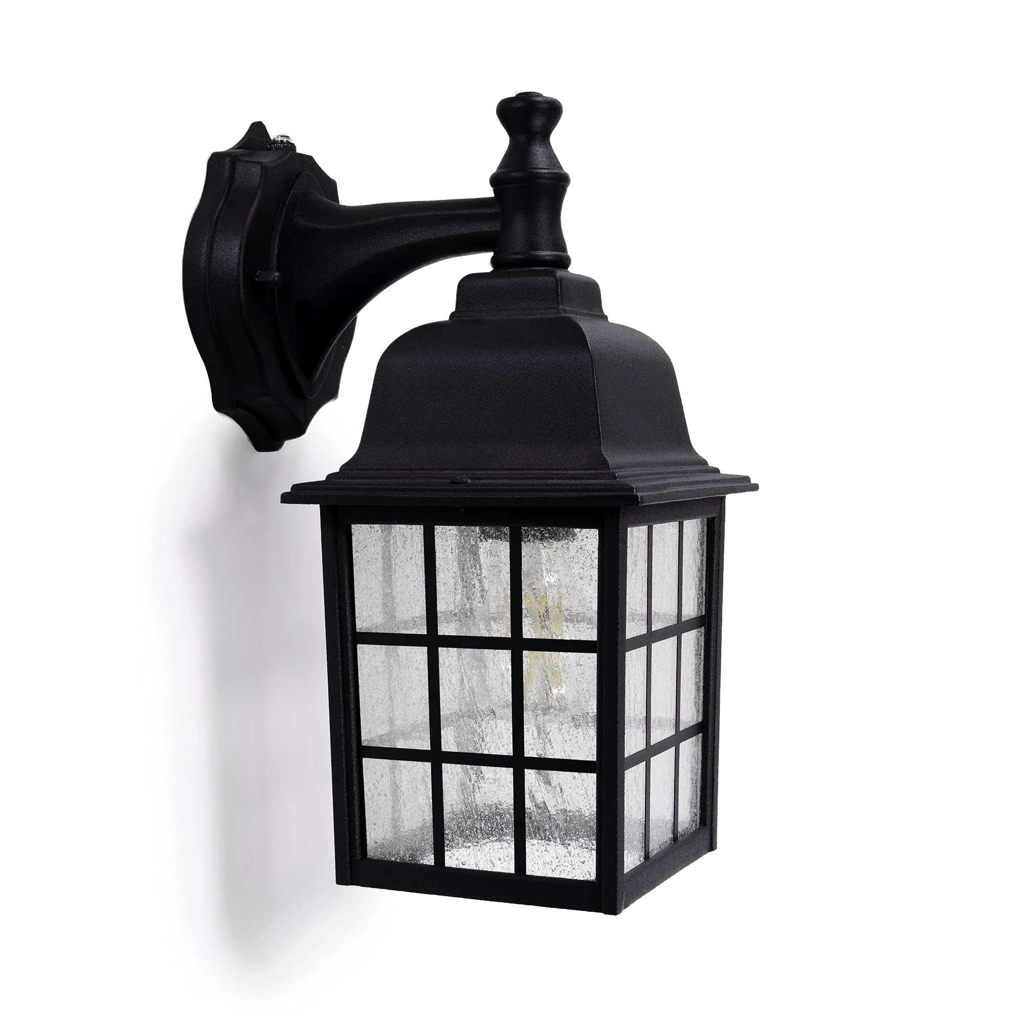 French Pane Dusk to Dawn Wall Light, E26 Standard Socket, Wet Location, Seedy Glass, Black, Smoked Steel or White Finish