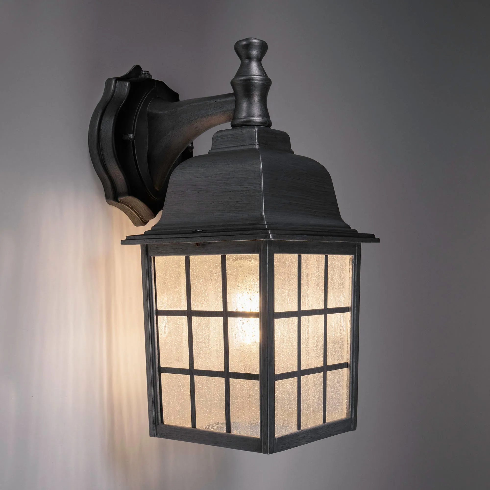 French Pane Dusk to Dawn Wall Light, E26 Standard Socket, Wet Location, Seedy Glass, Black, Smoked Steel or White Finish